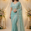Mint Seafoam Embroidered Saree Set with Statement Blouse – Palkhi Fashion Houston