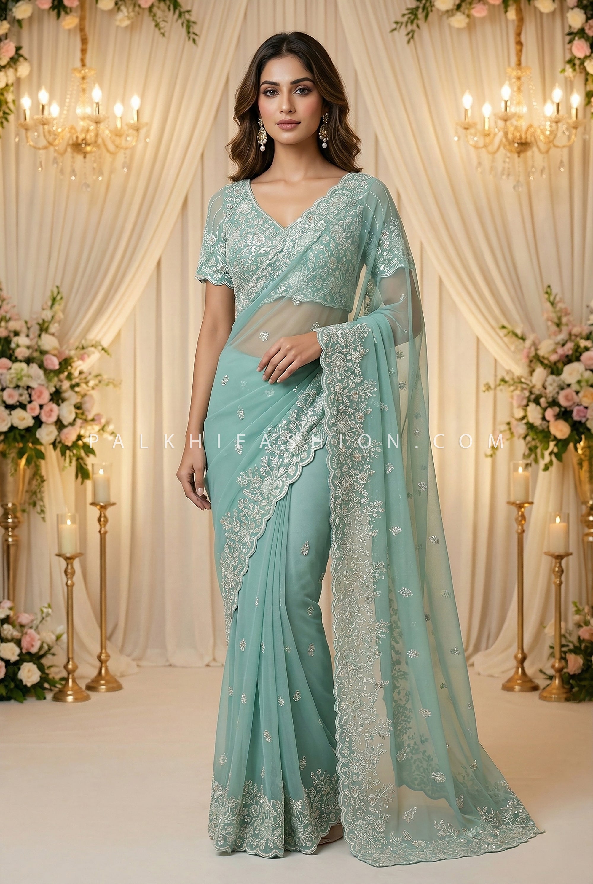 Mint Seafoam Embroidered Saree Set with Statement Blouse – Palkhi Fashion Houston