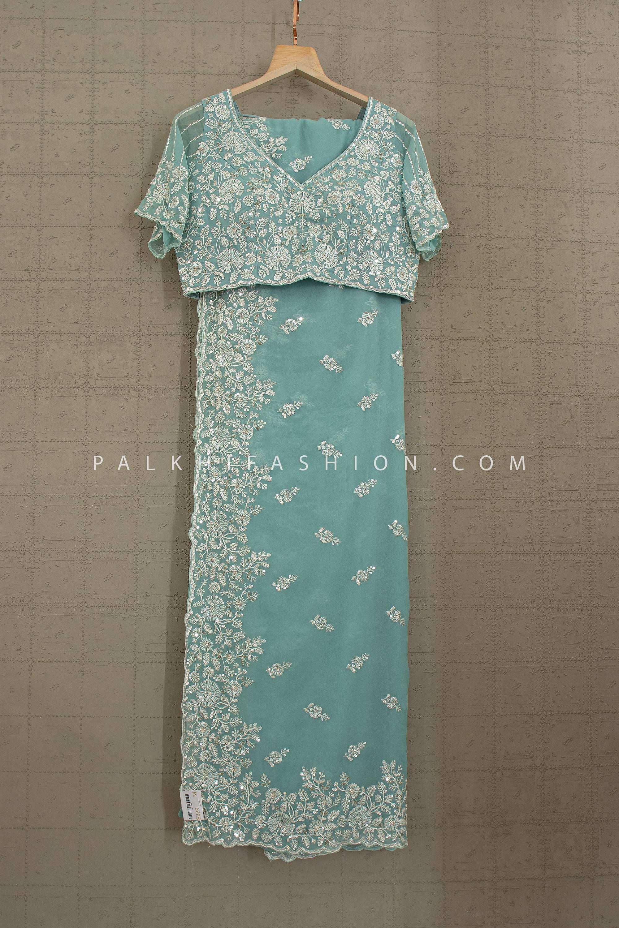 Mint Seafoam Embroidered Saree Set with Statement Blouse – Palkhi Fashion Houston