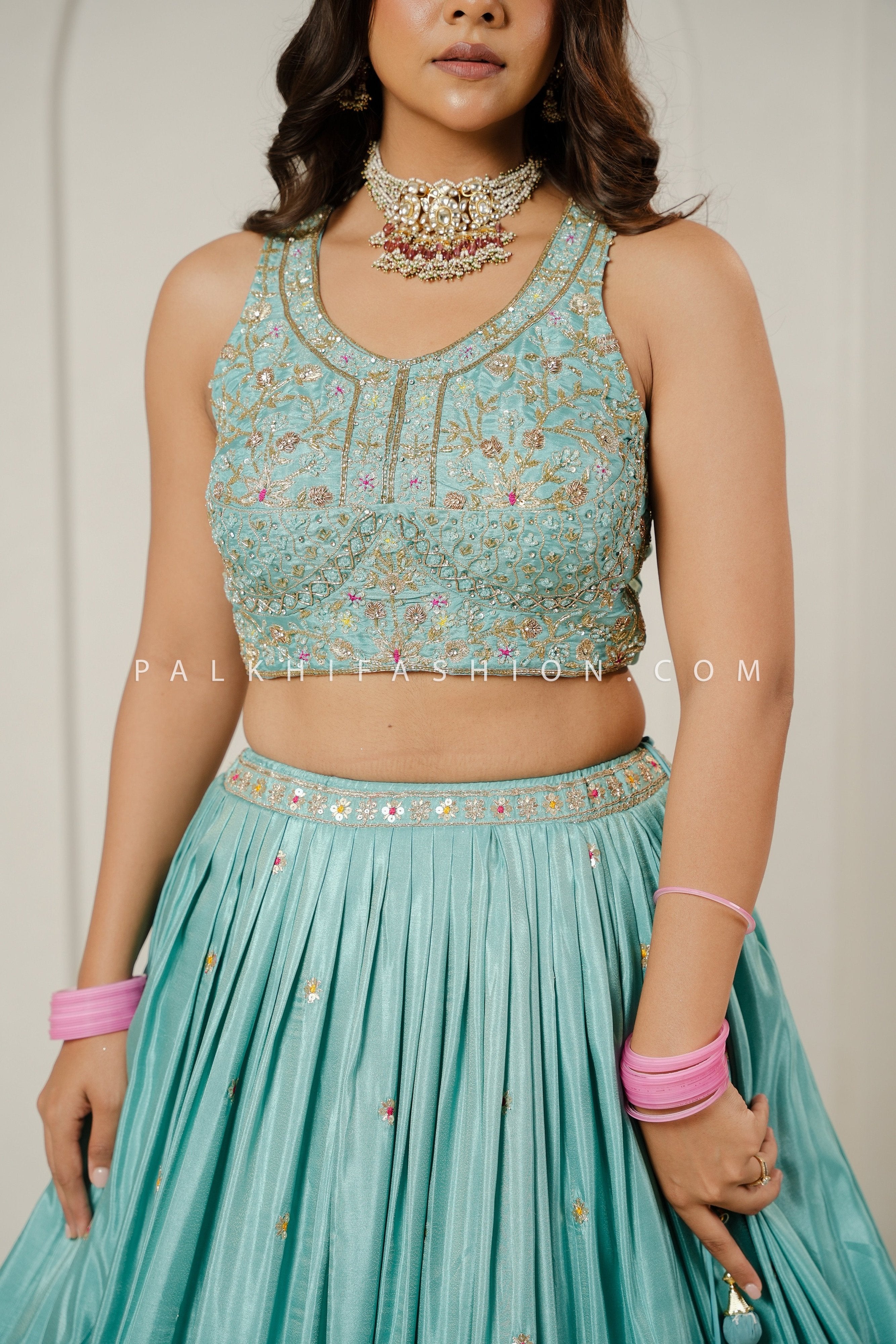 Mist Blue Elegance: Light Blue Designer Lehenga Choli with Multicolor Embroidery – Palkhi Fashion