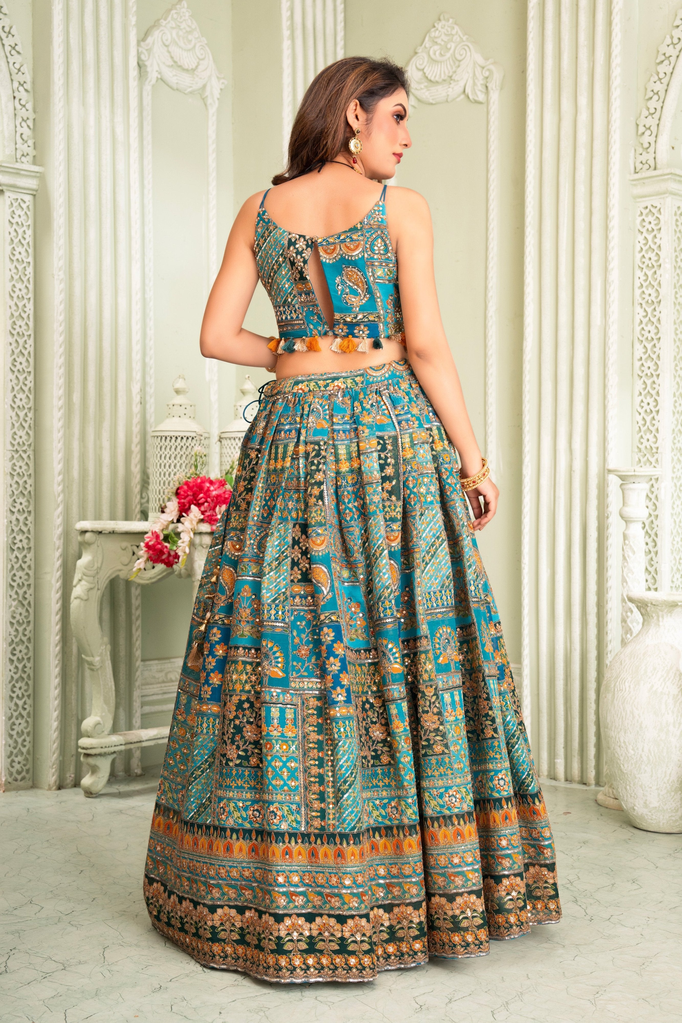 Modern Diva: Teal Embroidered Lehenga Choli with Stones & Mirrors - Palkhi Fashion
