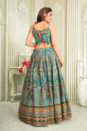 Modern Diva: Teal Embroidered Lehenga Choli with Stones & Mirrors - Palkhi Fashion