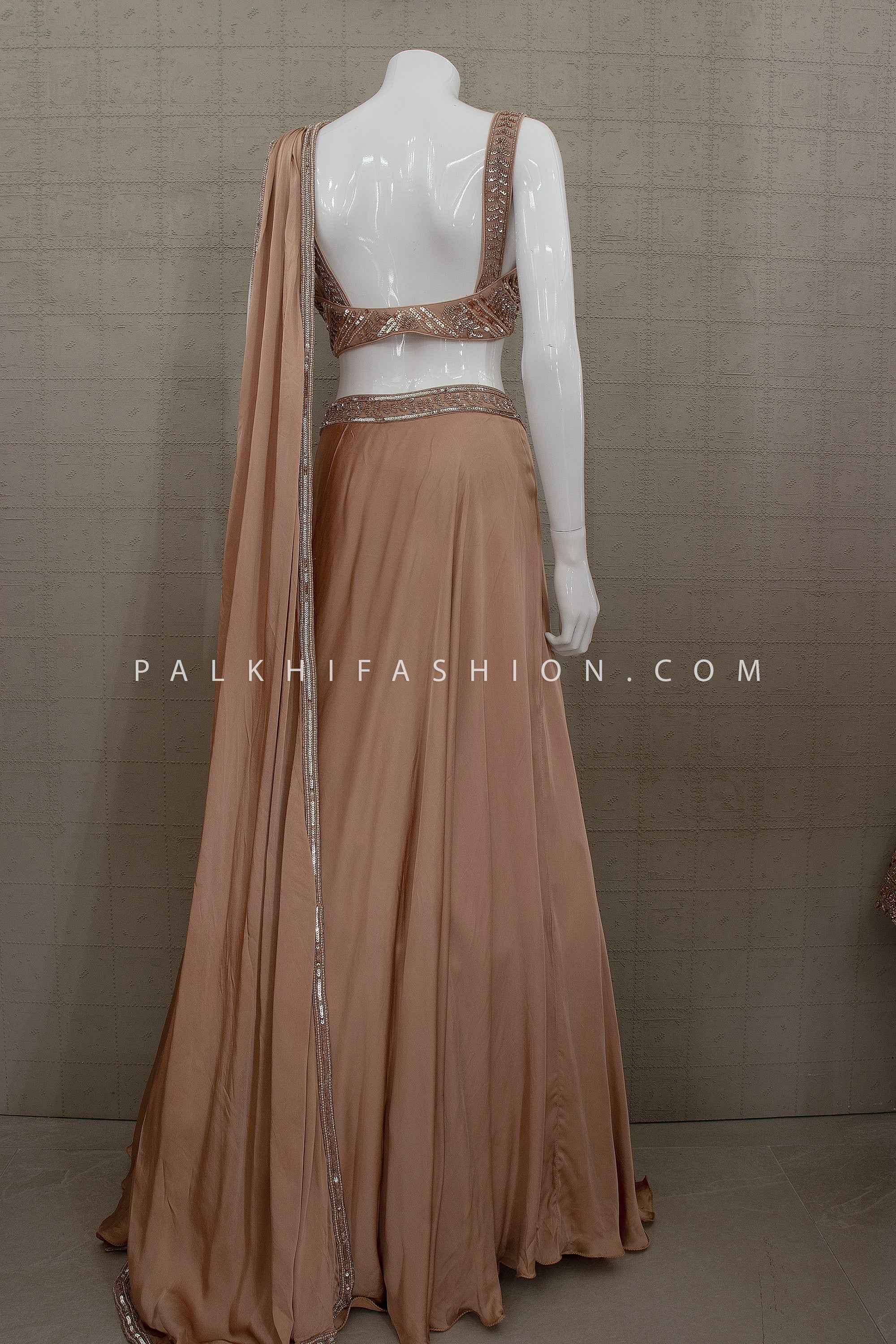 Modern Drape Glam – Metallic French Beige Pre-Draped Designer Lehenga – Palkhi Fashion