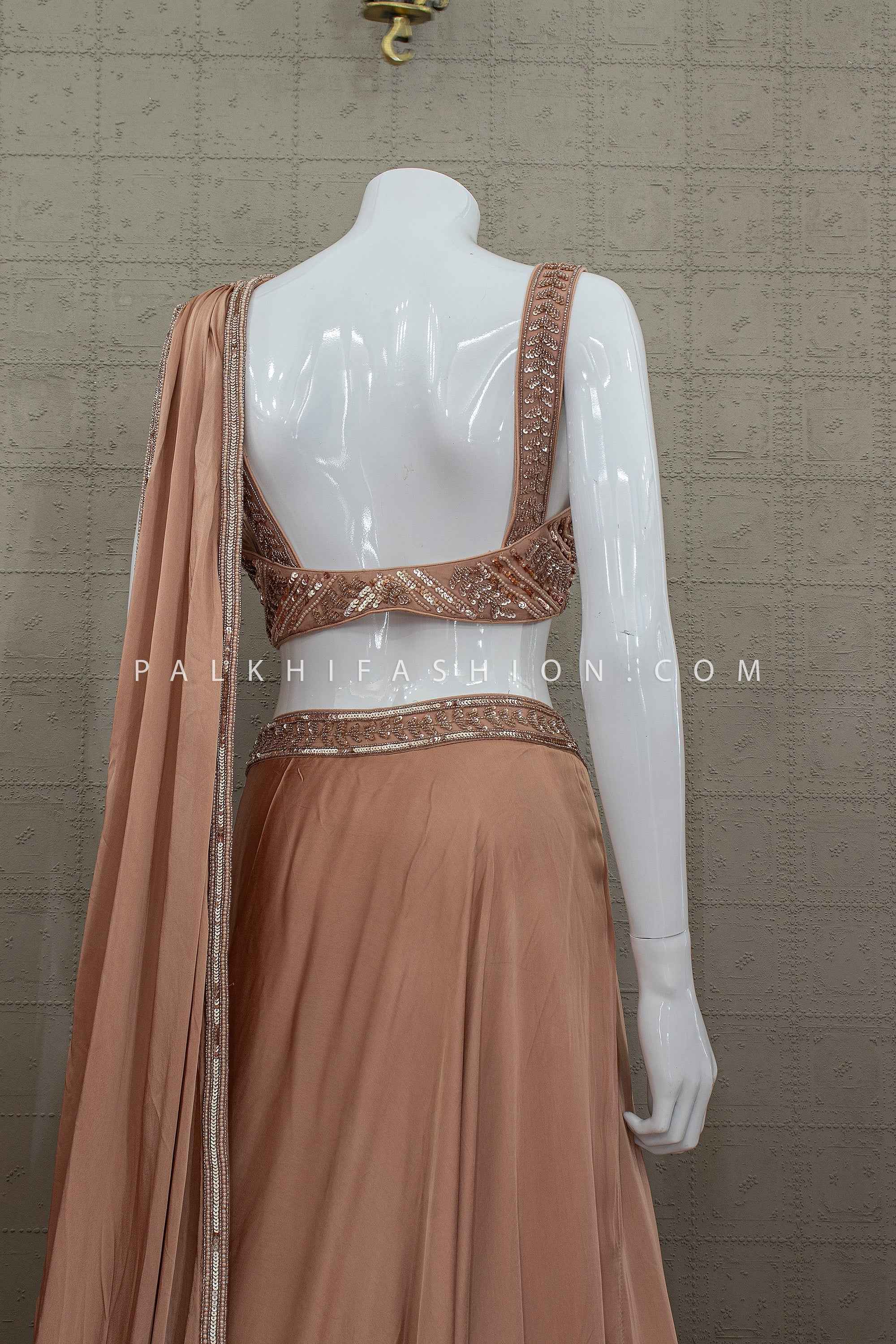 Modern Drape Glam – Metallic French Beige Pre-Draped Designer Lehenga – Palkhi Fashion
