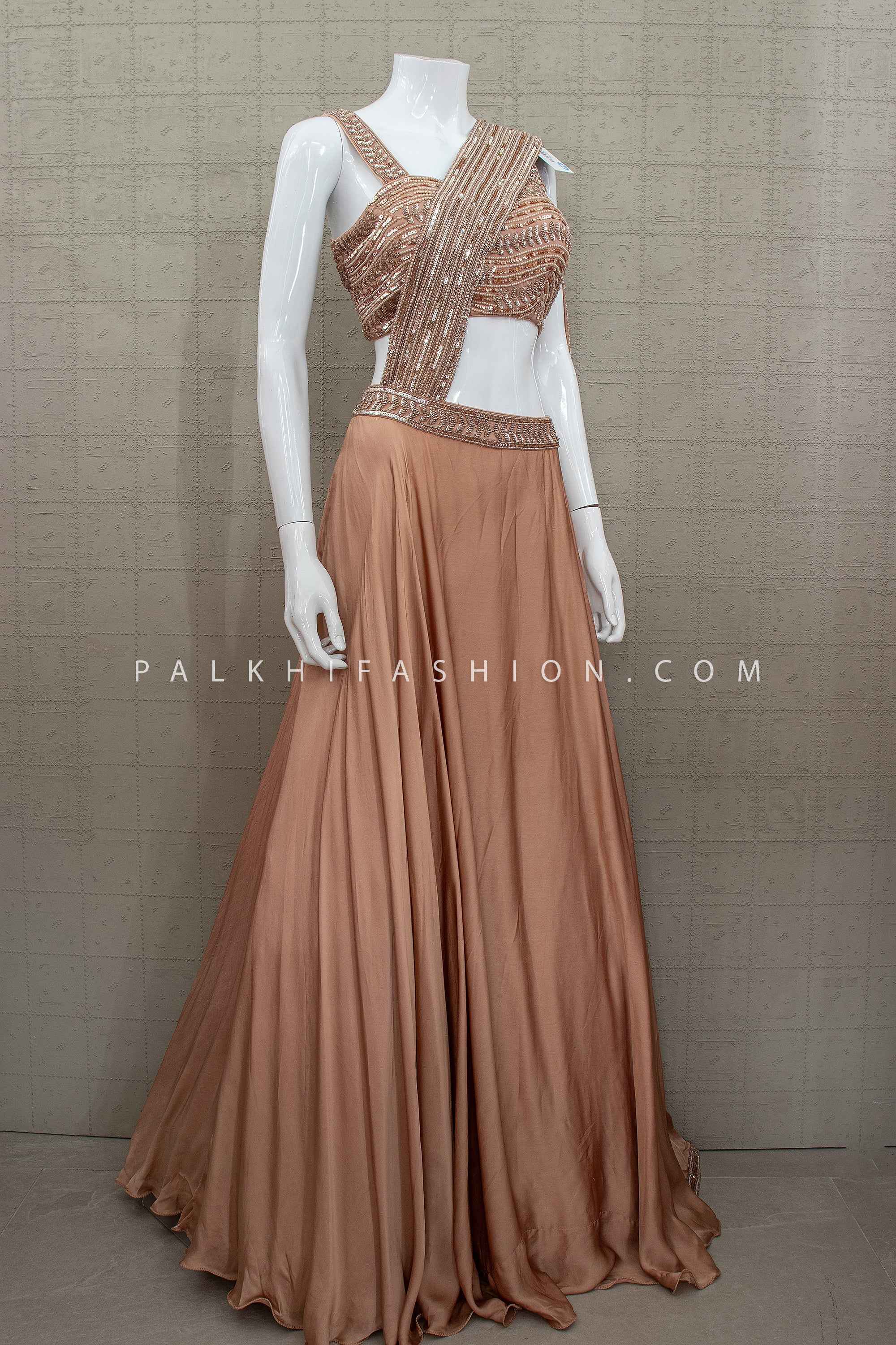 Modern Drape Glam – Metallic French Beige Pre-Draped Designer Lehenga – Palkhi Fashion