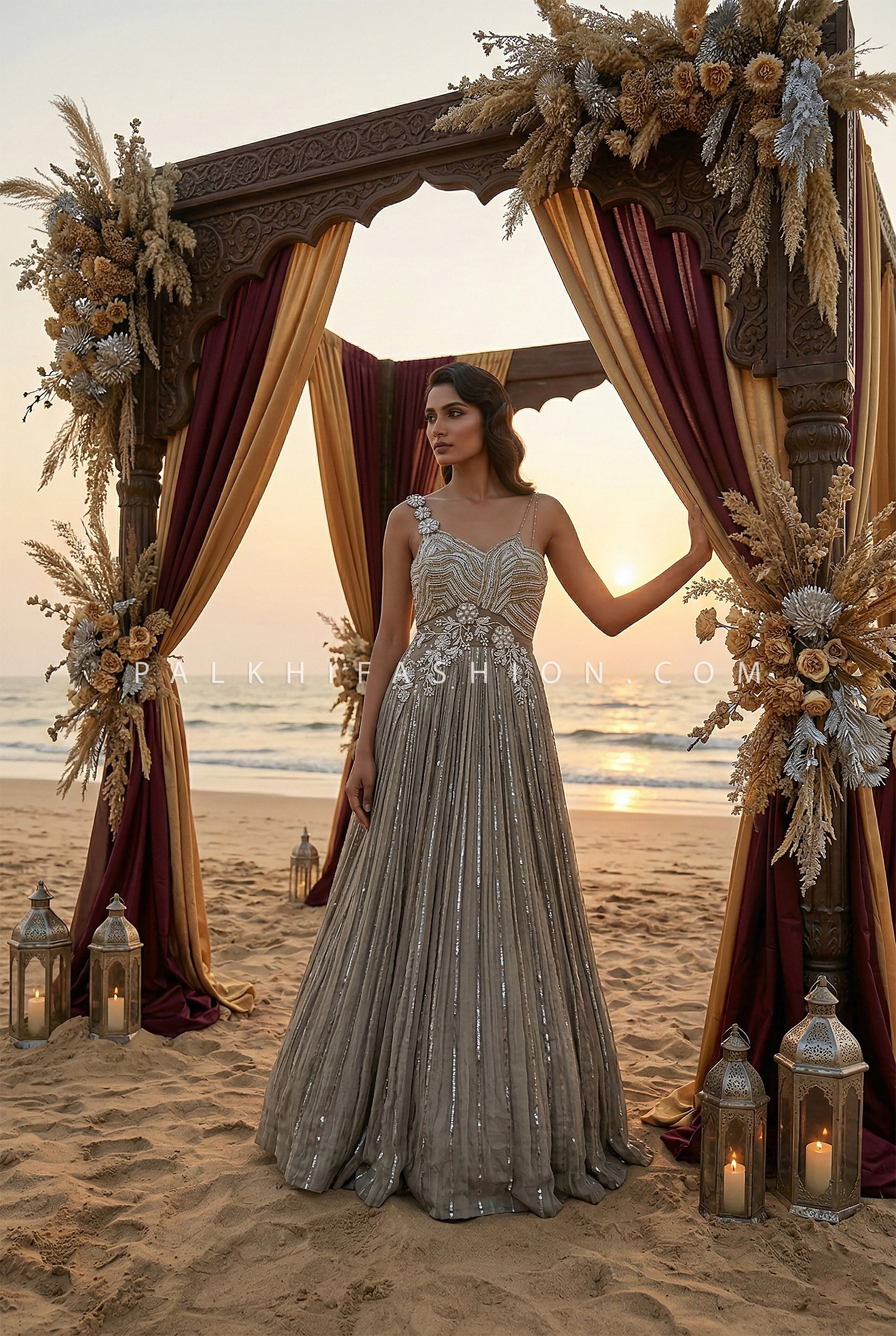 Modern Goddess Edit - Taupe Indo Western Embellished Gown – Palkhi Fashion