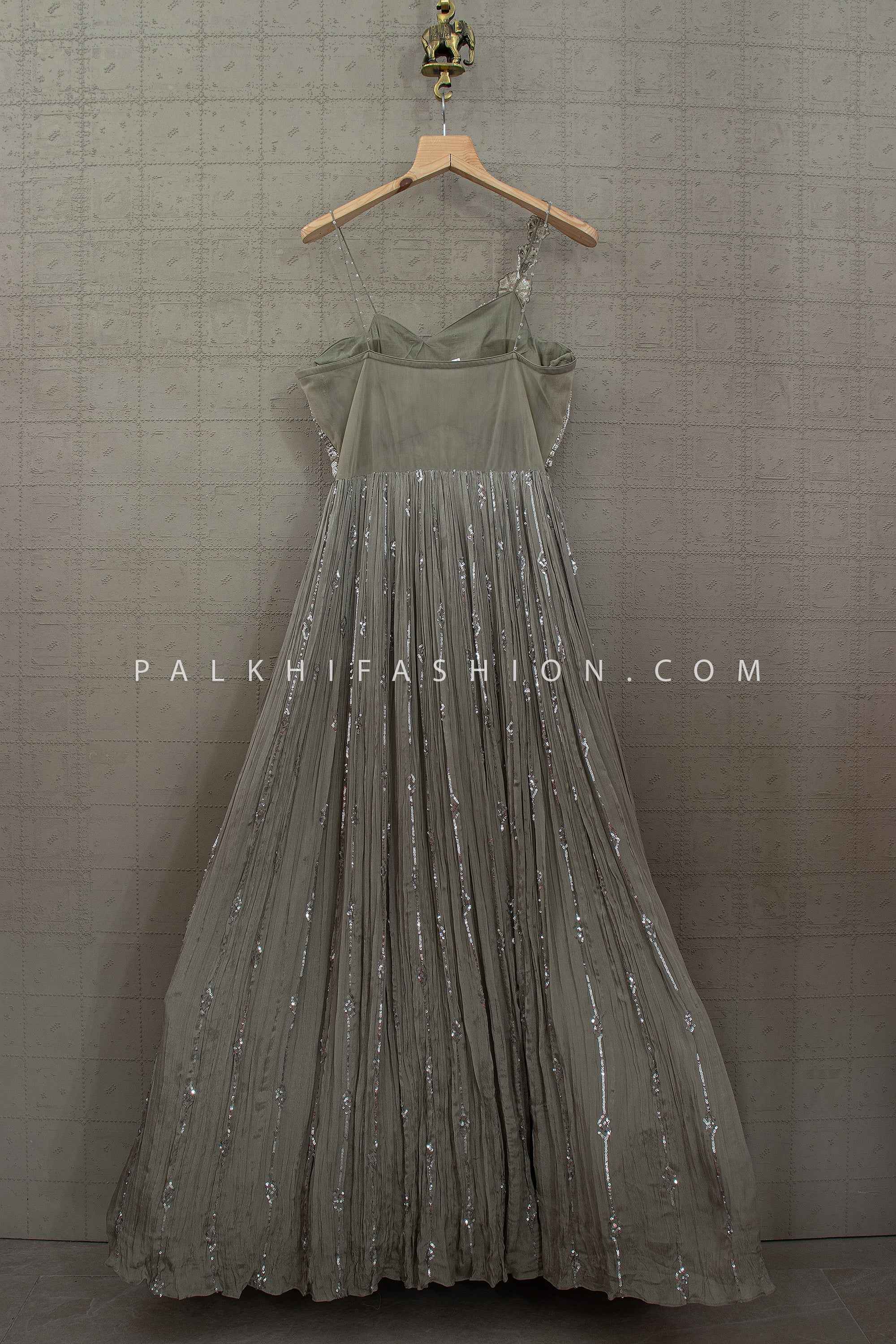 indo western sequin dress Light Grey Sequins Embroidered Tissue Indo-Western Gown Rim Zim Fashion