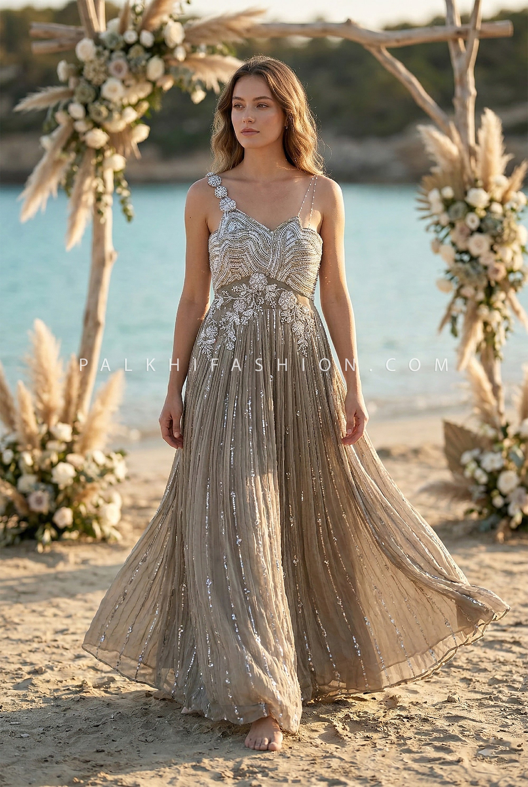 Modern Goddess Edit - Taupe Indo Western Embellished Gown – Palkhi Fashion