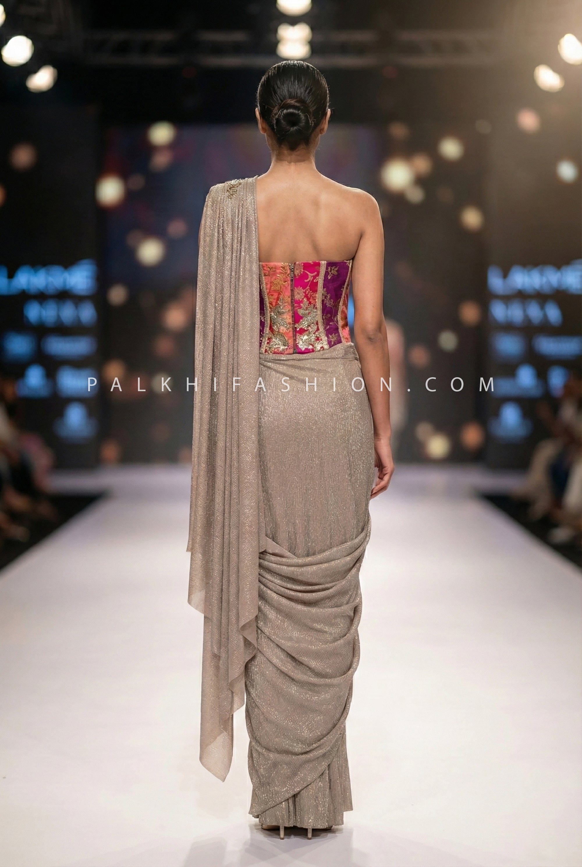 Modern Heirloom - Metallic Taupe Pre - Styled Saree with Couture Appliqué Blouse – Palkhi Fashion