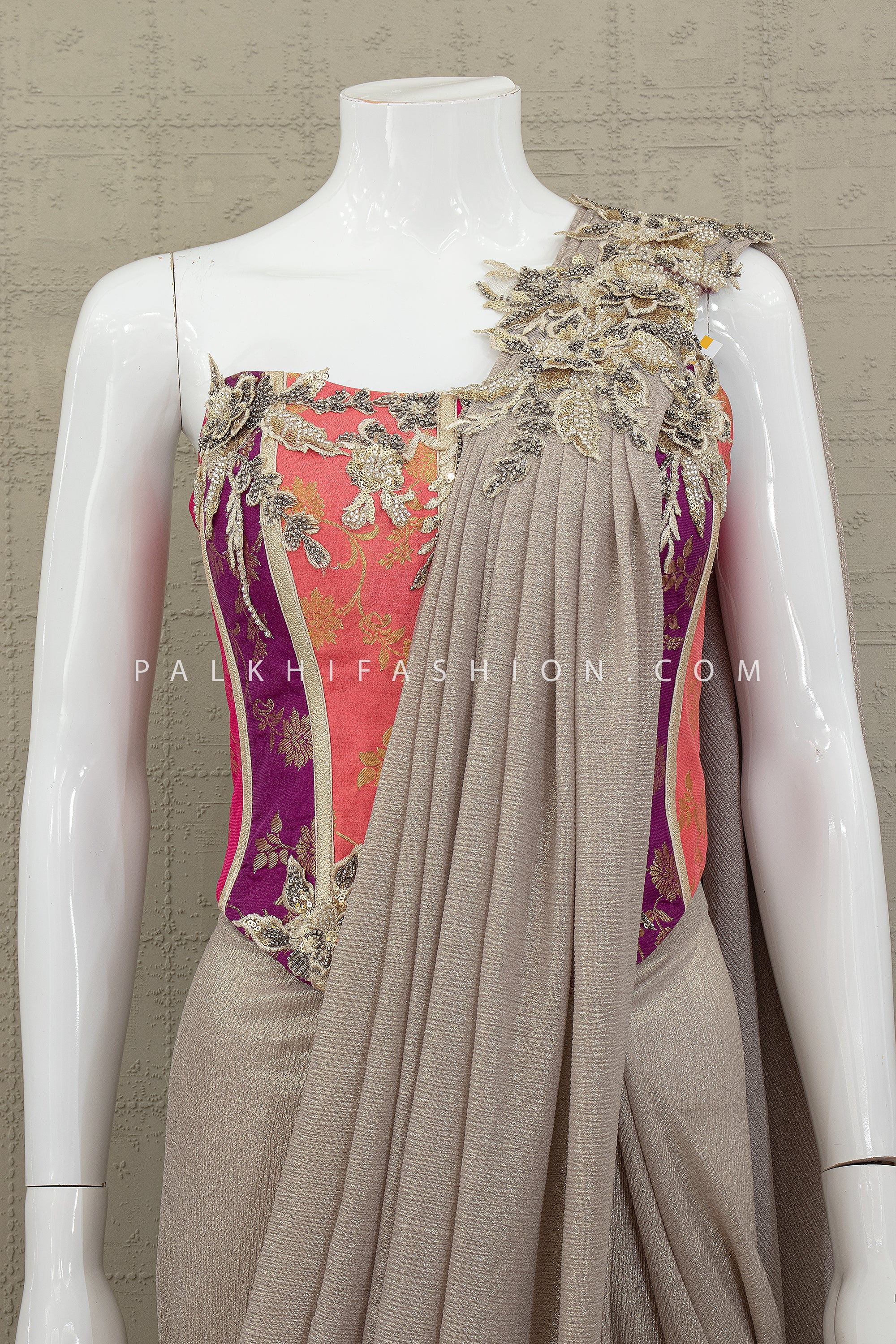 Modern Heirloom - Metallic Taupe Pre - Styled Saree with Couture Appliqué Blouse – Palkhi Fashion