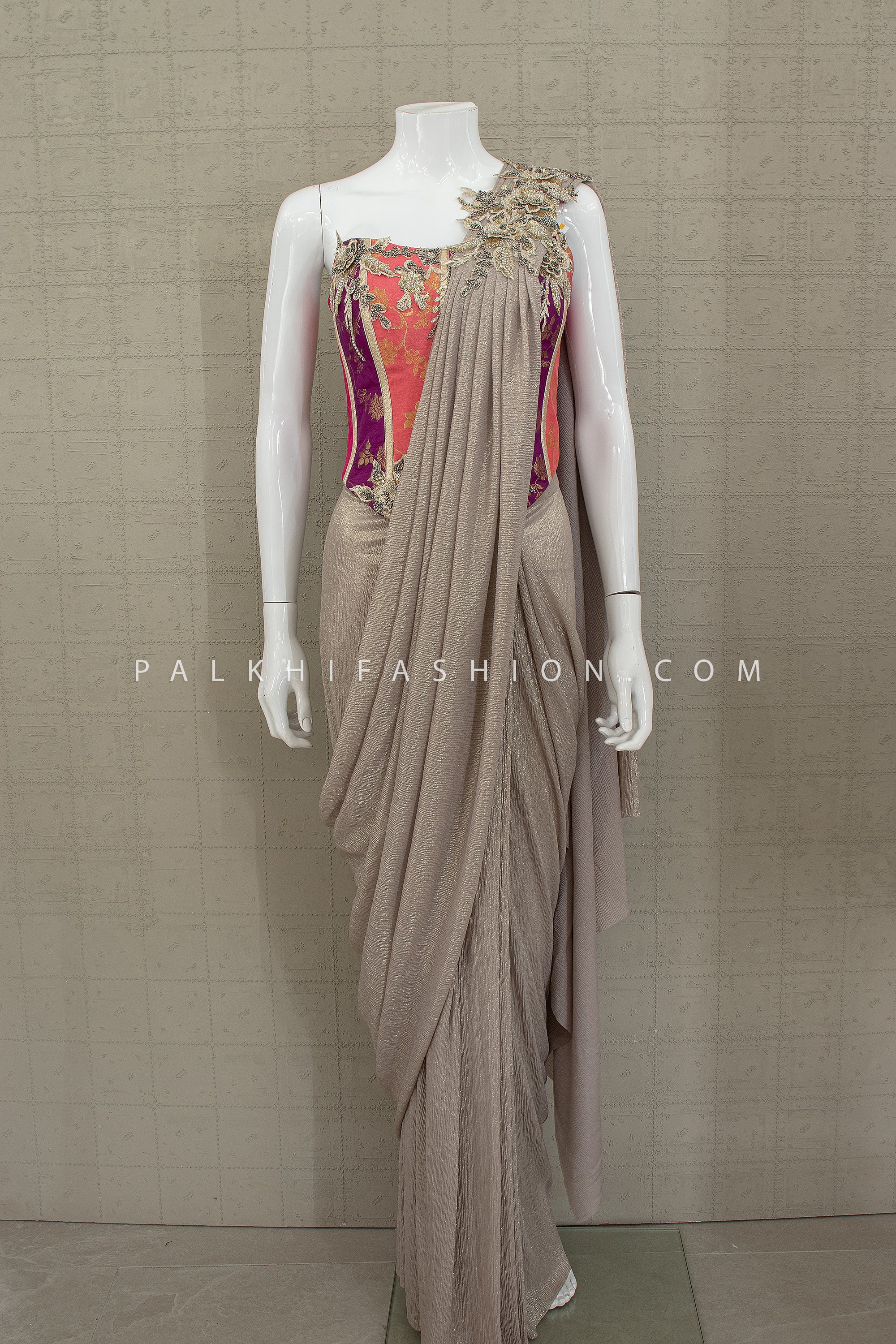 Modern Heirloom - Metallic Taupe Pre - Styled Saree with Couture Appliqué Blouse – Palkhi Fashion