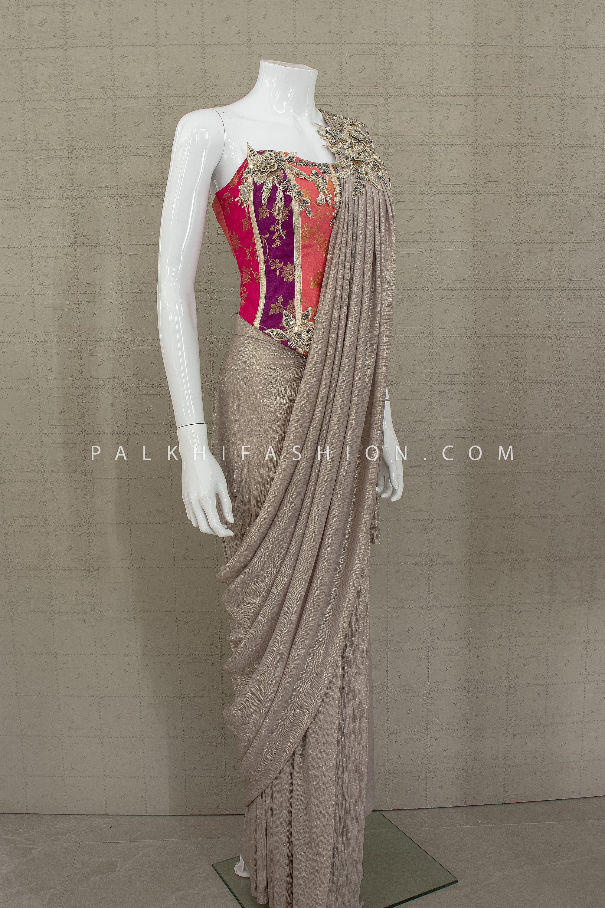 Modern Heirloom - Metallic Taupe Pre - Styled Saree with Couture Appliqué Blouse – Palkhi Fashion