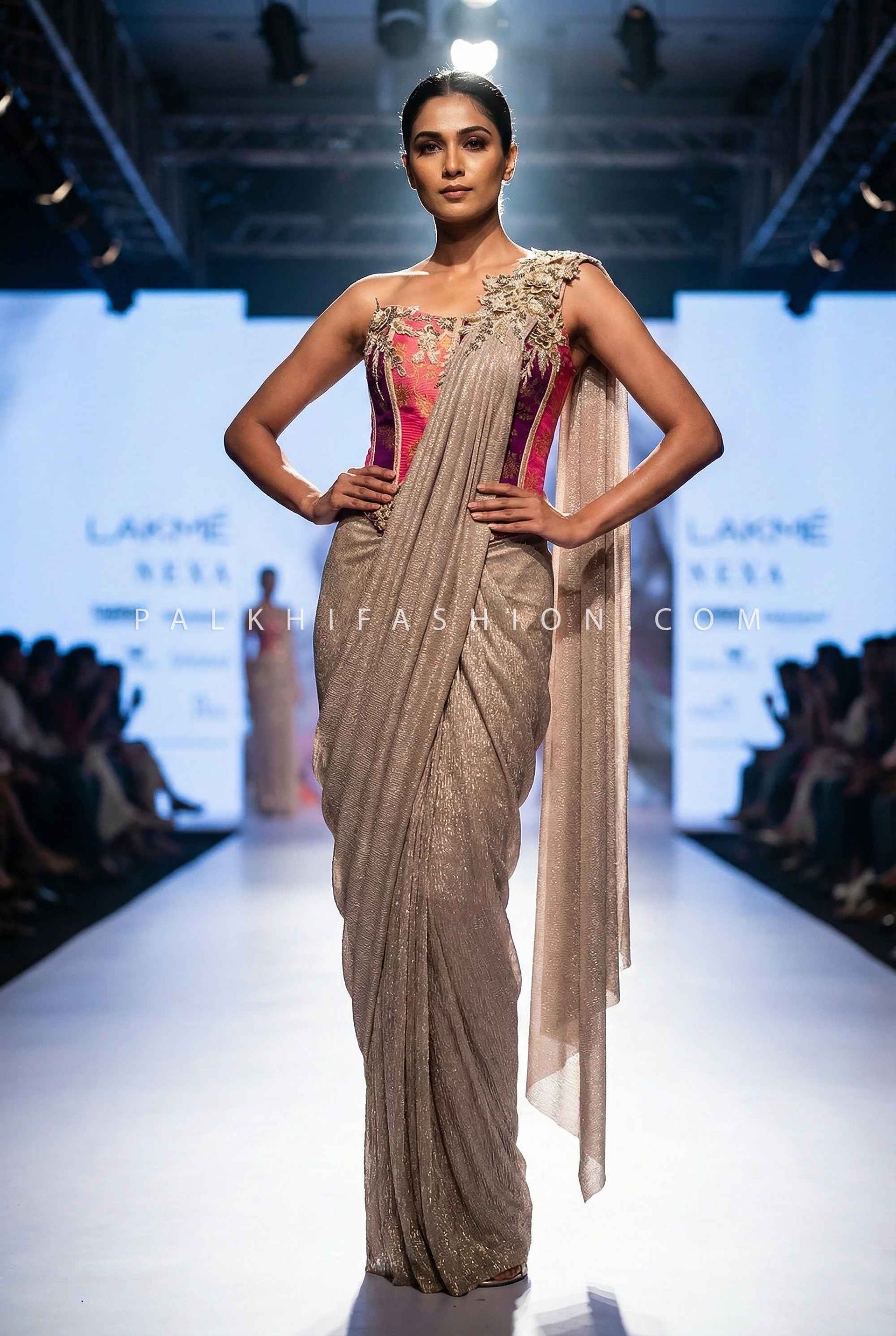 Modern Heirloom - Metallic Taupe Pre-Styled Saree with Couture Appliqué  Blouse – Palkhi Fashion