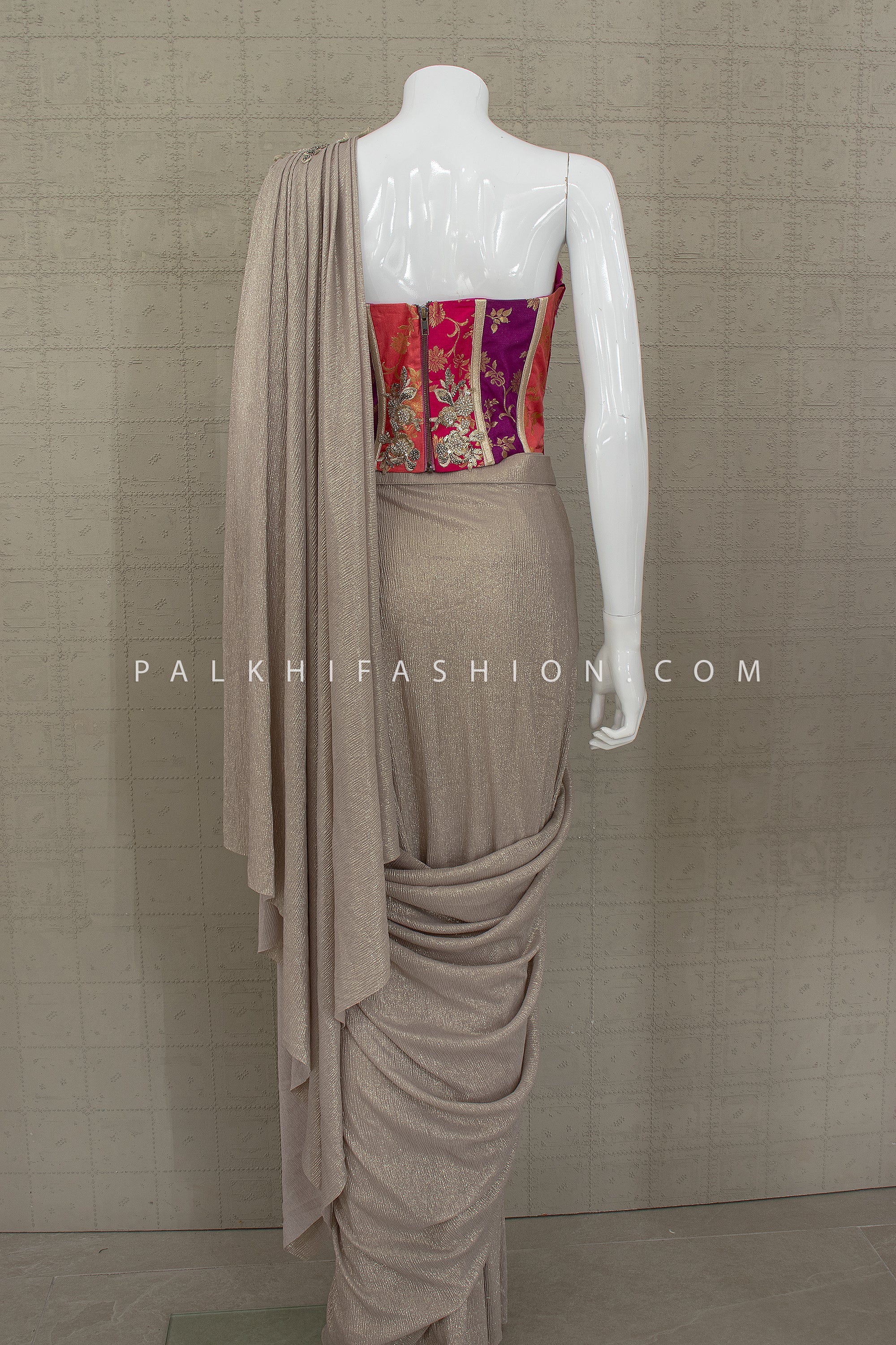 Modern Heirloom - Metallic Taupe Pre - Styled Saree with Couture Appliqué Blouse – Palkhi Fashion