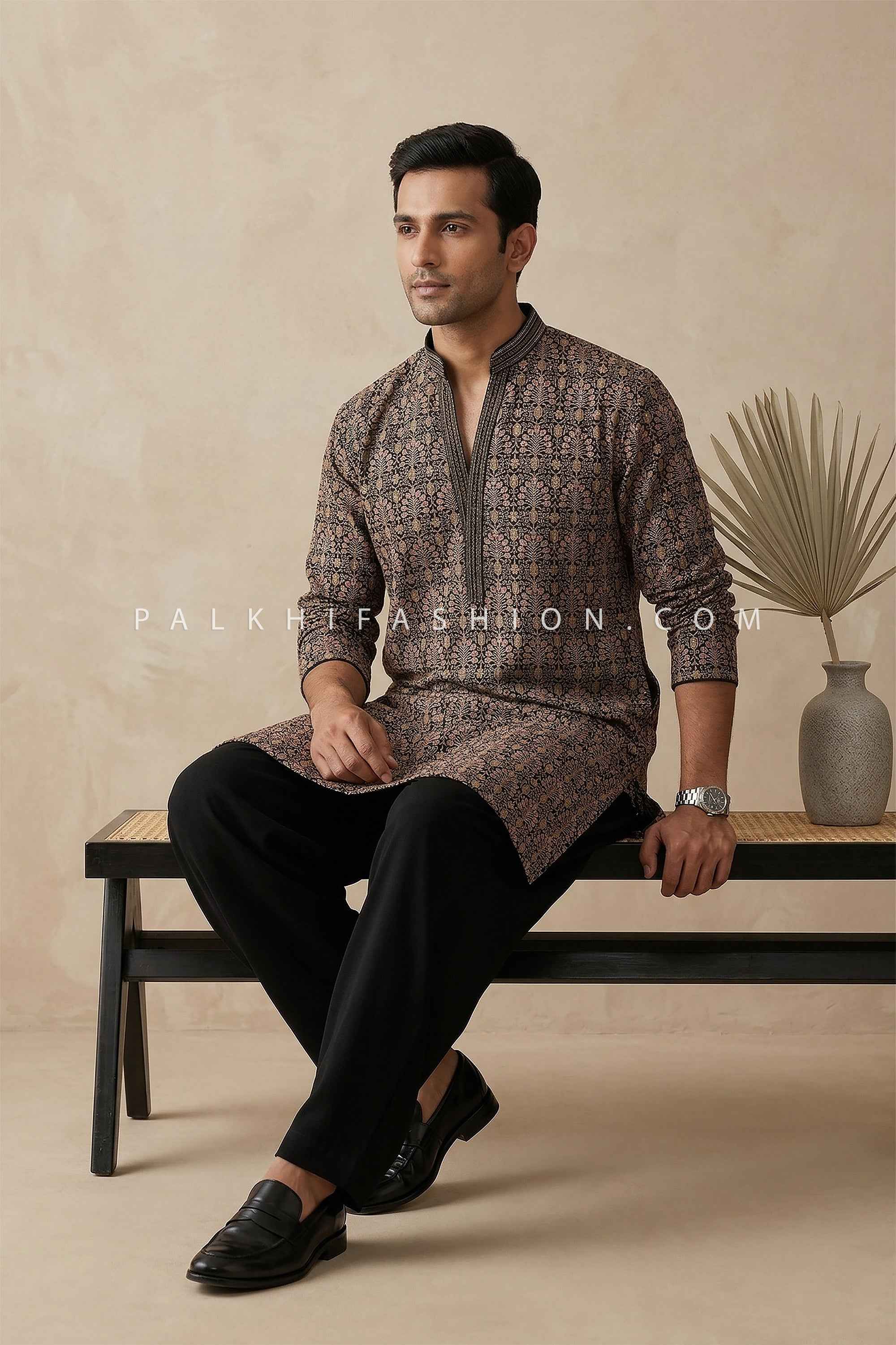 korean dressing style man Black Bronze Printed Kurta Set with Korean Pants
