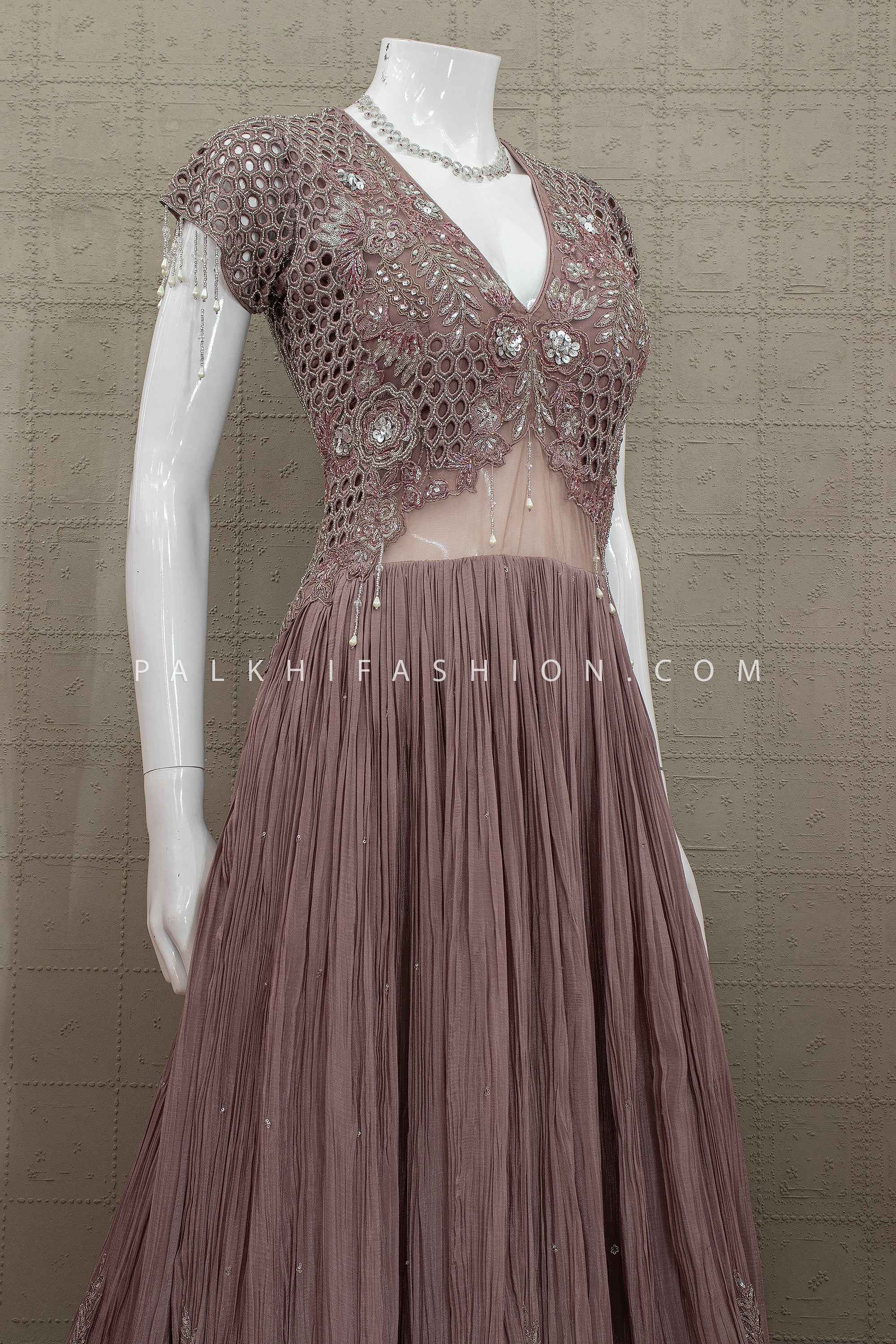 Modern Muse Edit - Dusty Mauve Indo Western Embroidered Gown - Palkhi Fashion