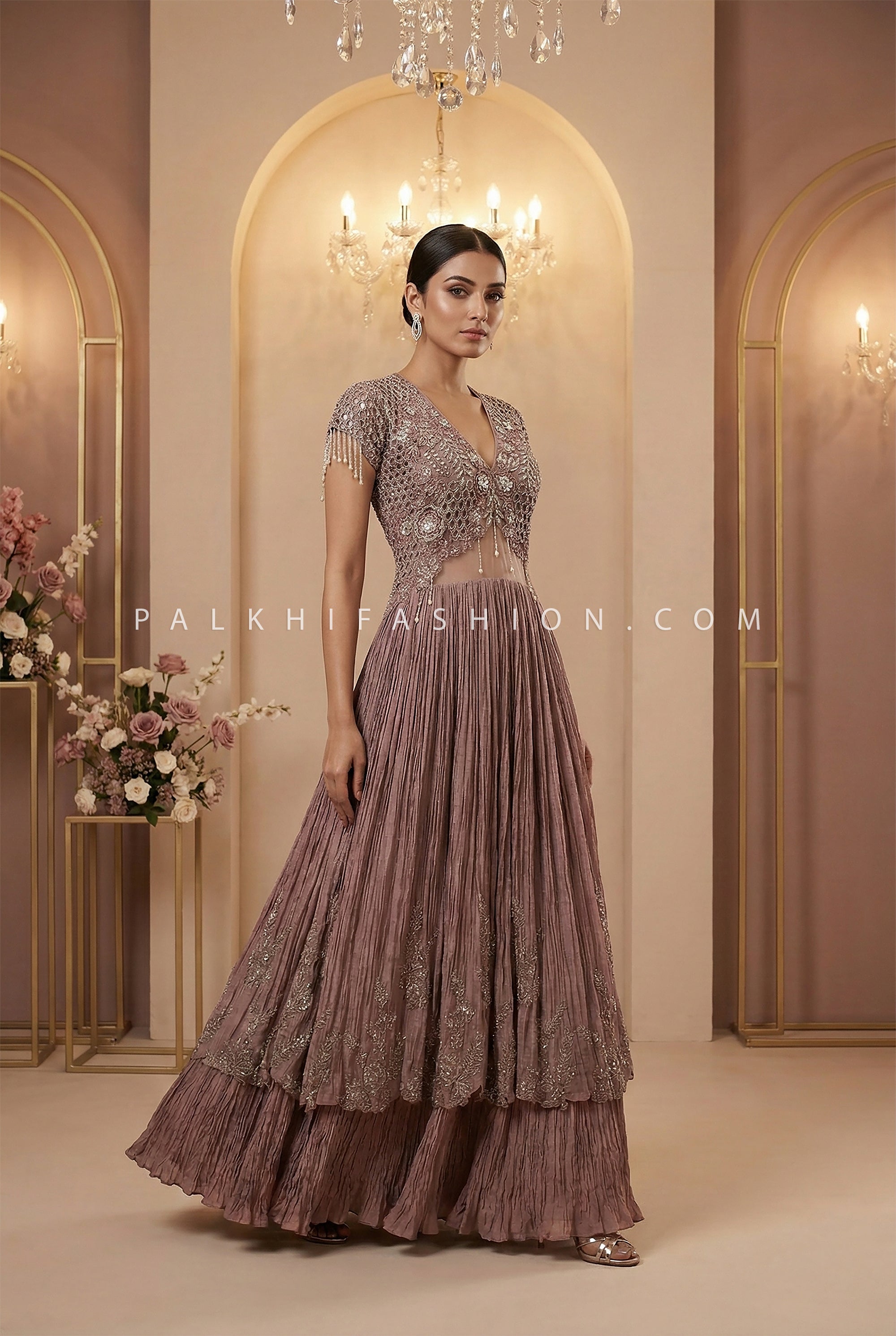 Modern Muse Edit - Dusty Mauve Indo Western Embroidered Gown - Palkhi Fashion