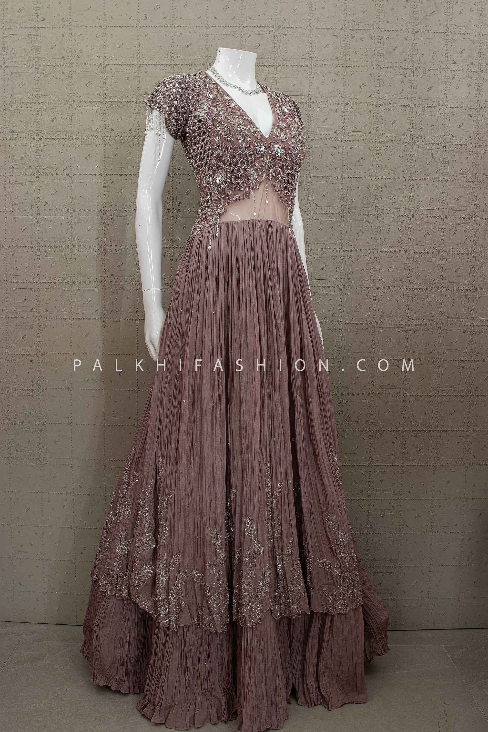 Modern Muse Edit - Dusty Mauve Indo Western Embroidered Gown - Palkhi Fashion