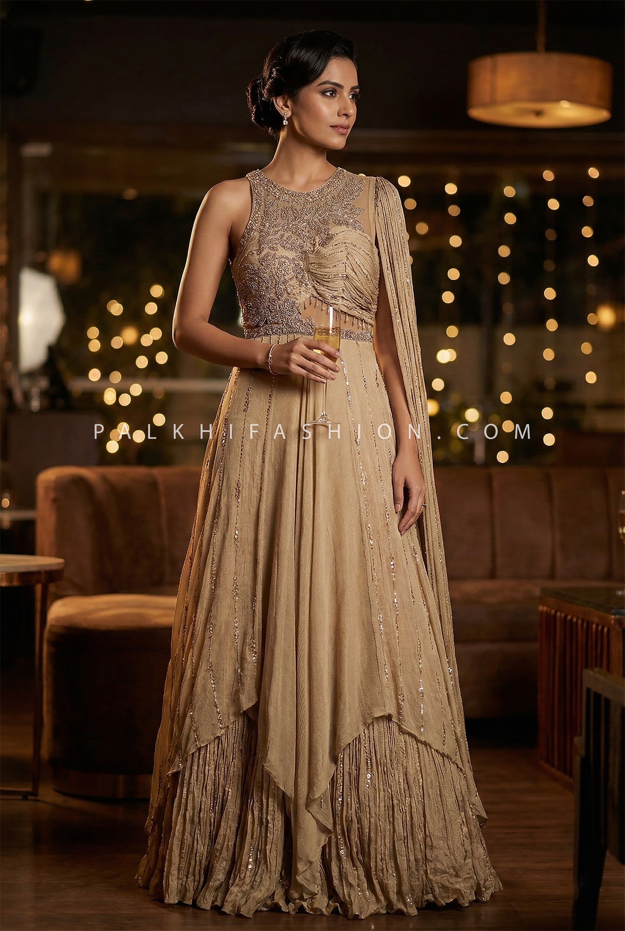 Modern Regal Aura - Champagne Gold Indo Western Gown with Embroidered Bodice – Palkhi Fashion