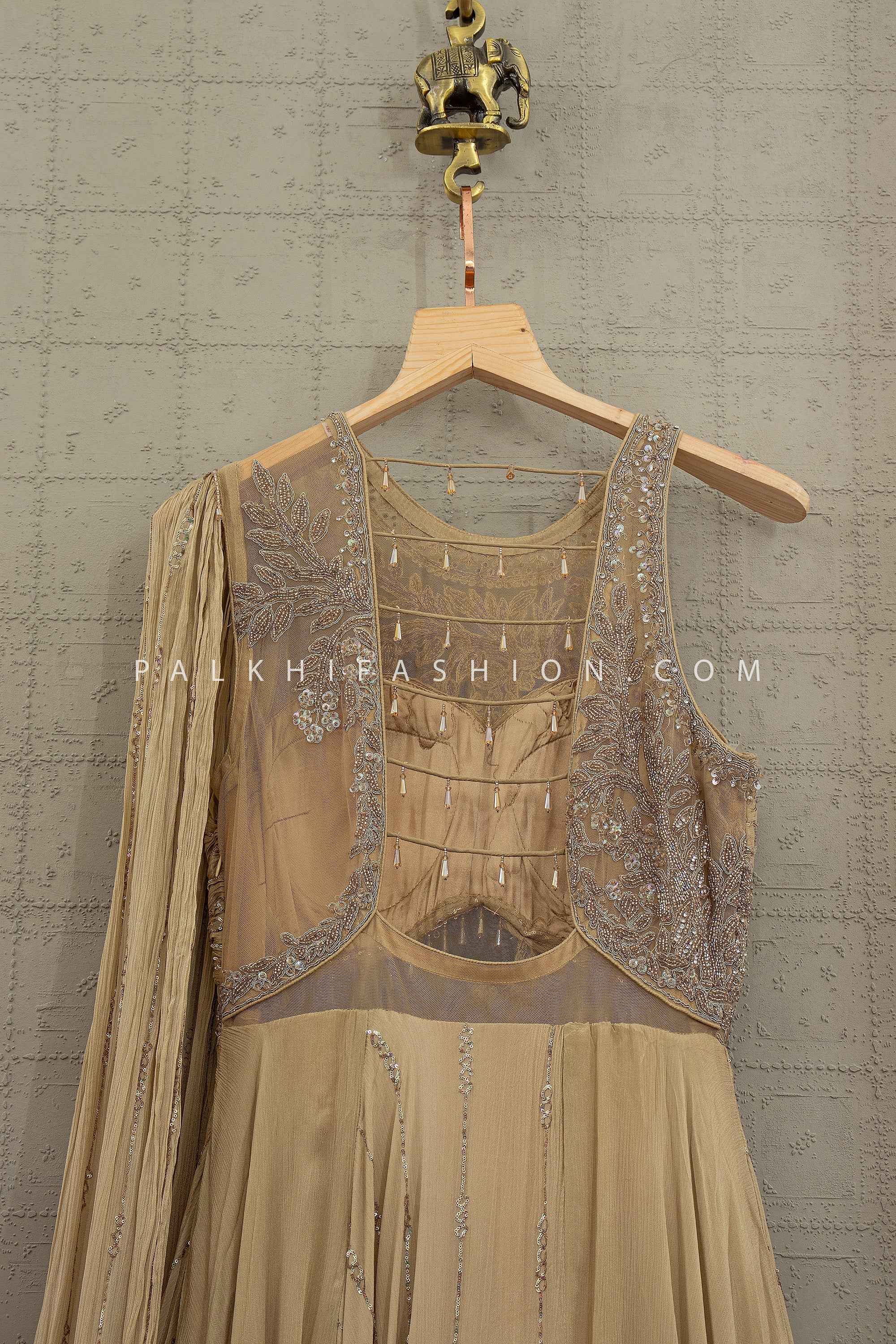 Modern Regal Aura - Champagne Gold Indo Western Gown with Embroidered Bodice – Palkhi Fashion