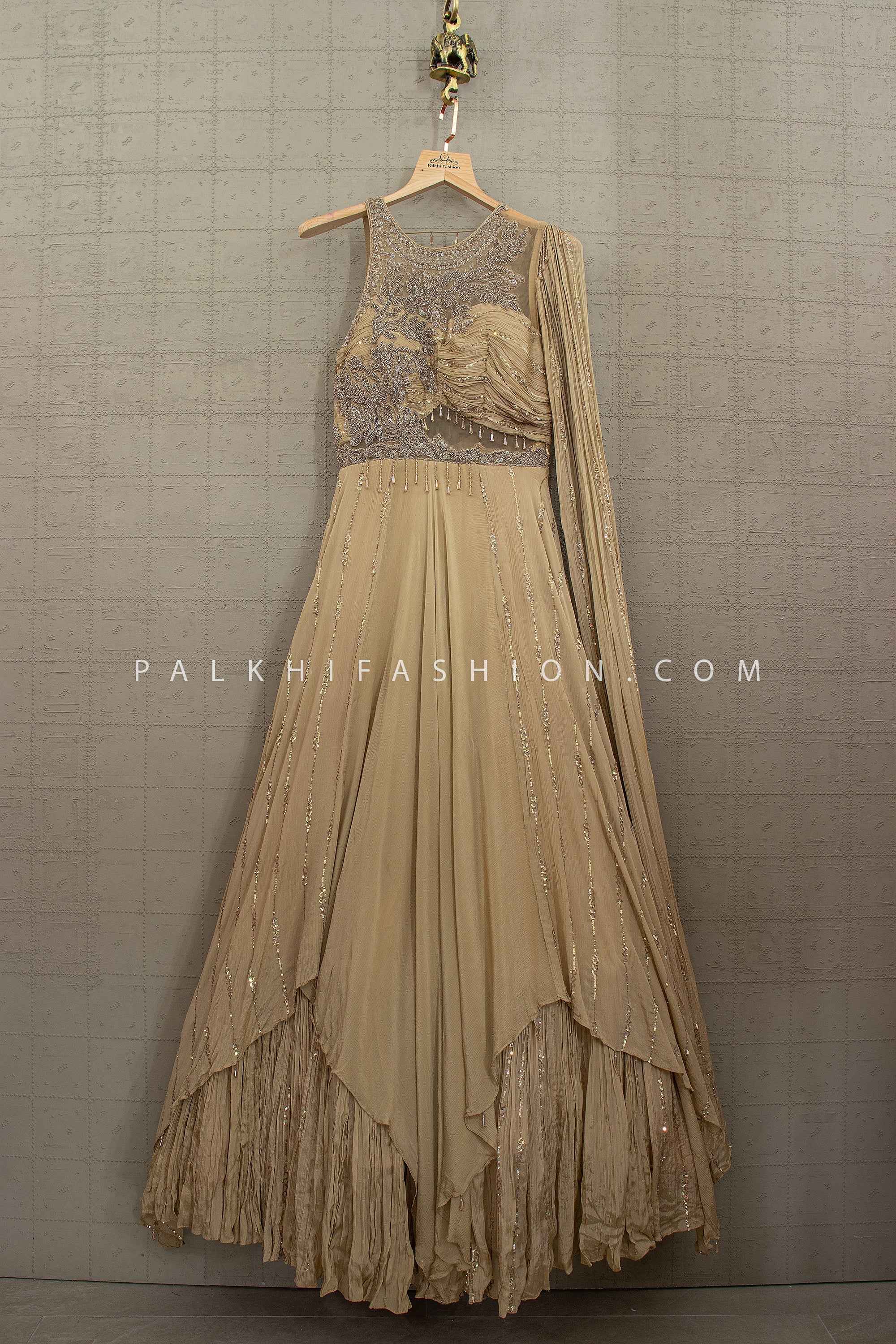 Modern Regal Aura - Champagne Gold Indo Western Gown with Embroidered Bodice – Palkhi Fashion
