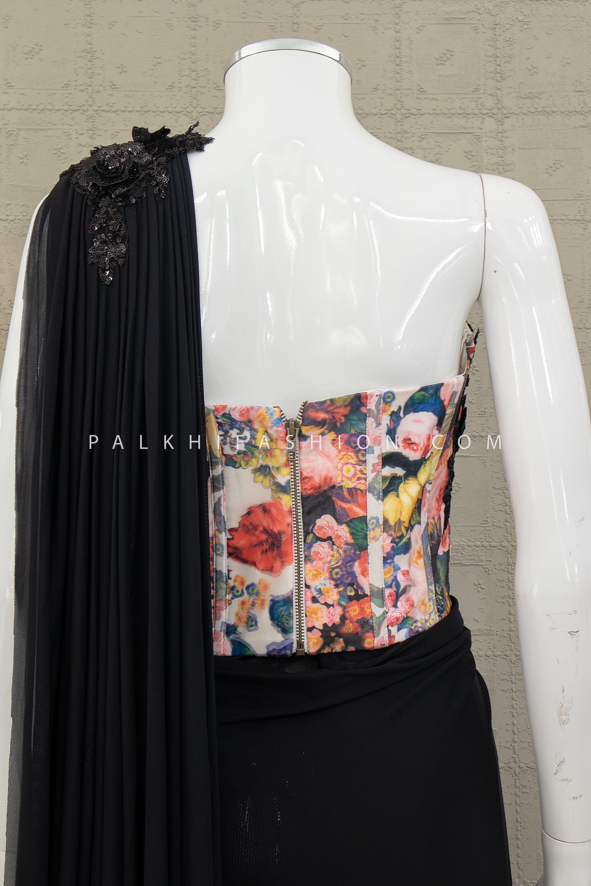 Modern Statement — Black Draped Saree with 3D Floral Corset Top | Palkhi Fashion USA