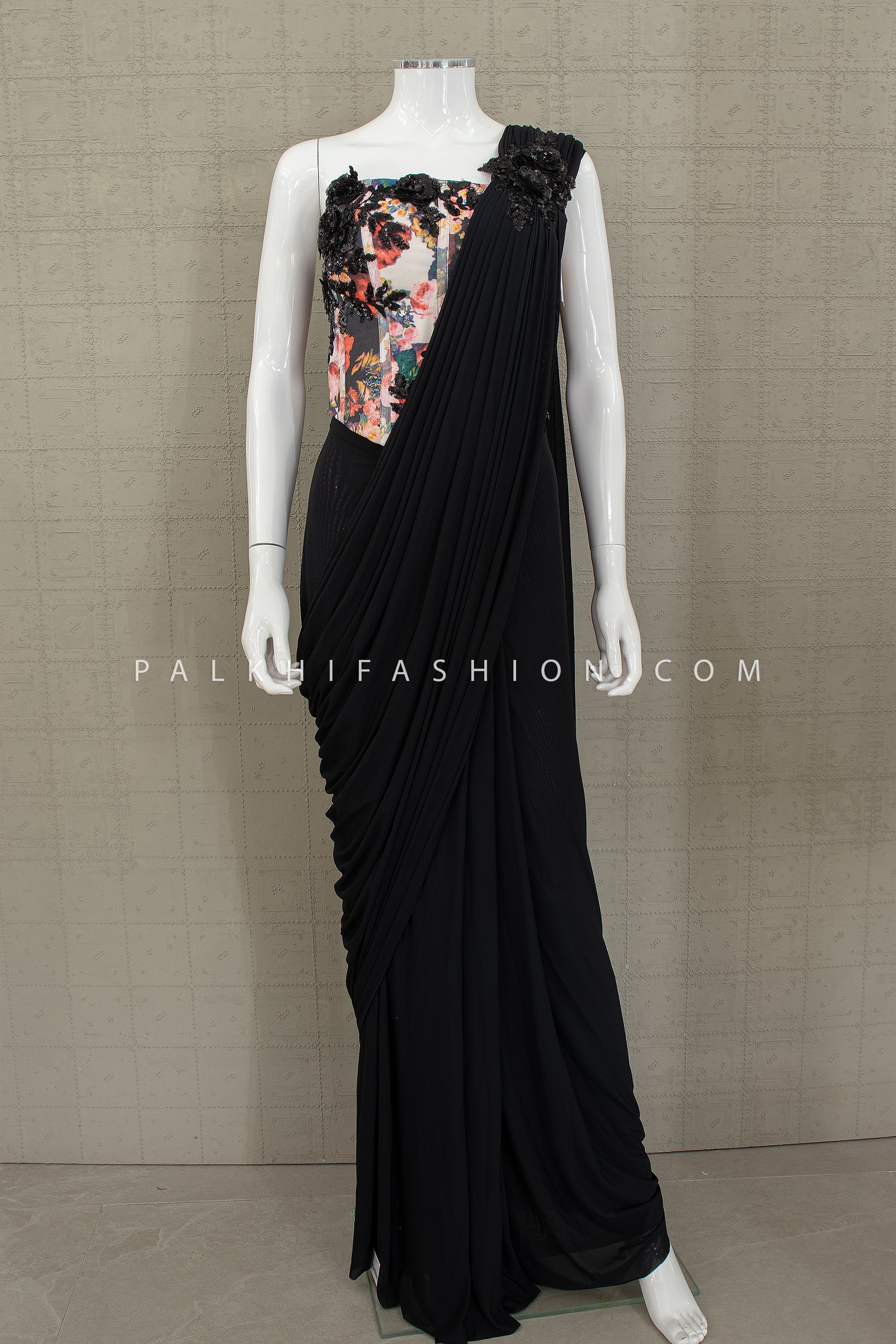 Modern Statement — Black Draped Saree with 3D Floral Corset Top | Palkhi Fashion USA