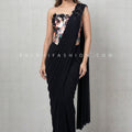 Modern Statement — Black Draped Saree with 3D Floral Corset Top | Palkhi Fashion USA