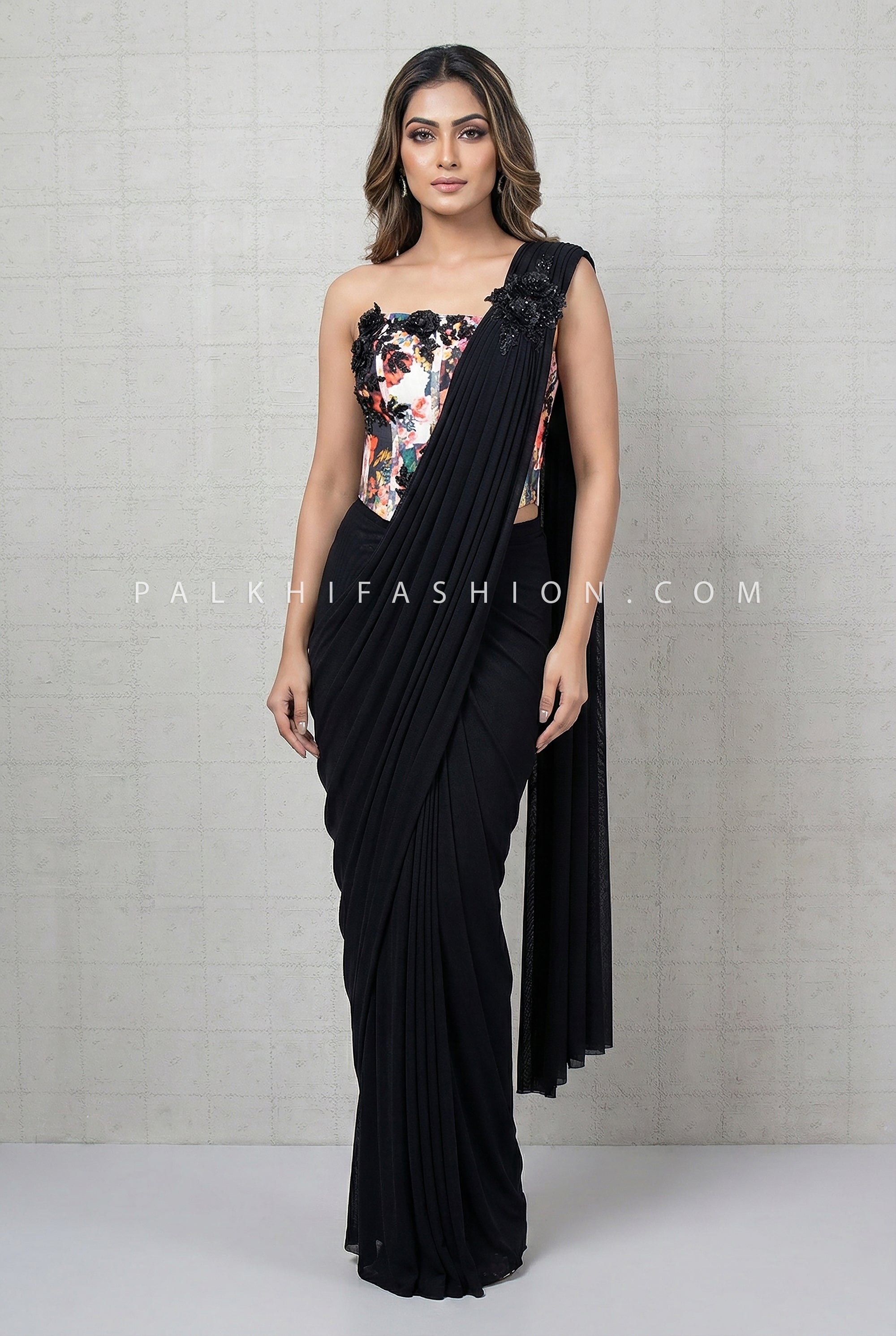 Modern Statement — Black Draped Saree with 3D Floral Corset Top | Palkhi Fashion USA