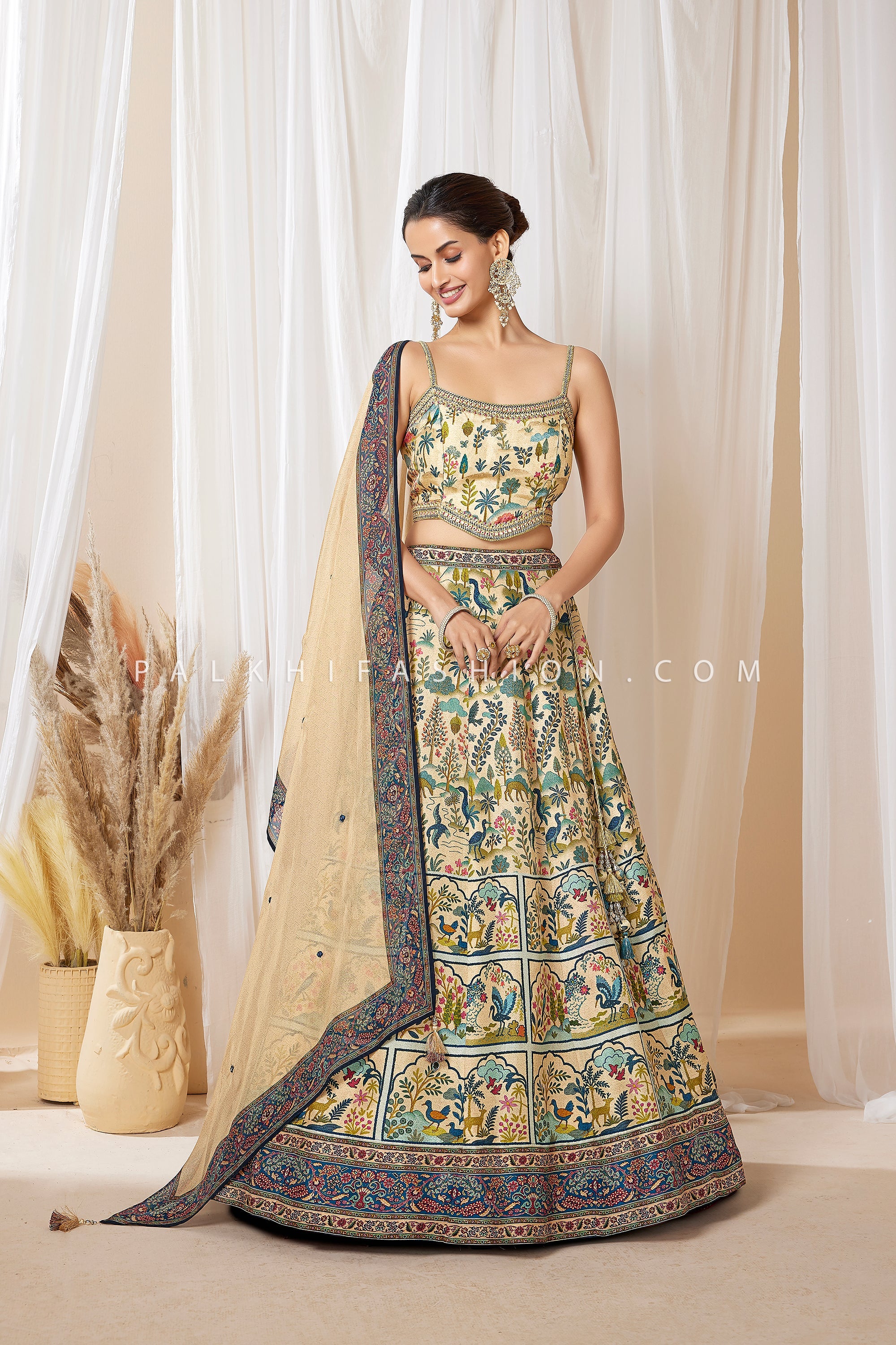 Mughal Garden Reverie — Ivory Floral & Bird Jaal Printed Lehenga Set | Palkhi Fashion