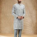 Mughal Grid — Morning Blue Soft Silk Embroidered Kurta Set | Palkhi Fashion Houston