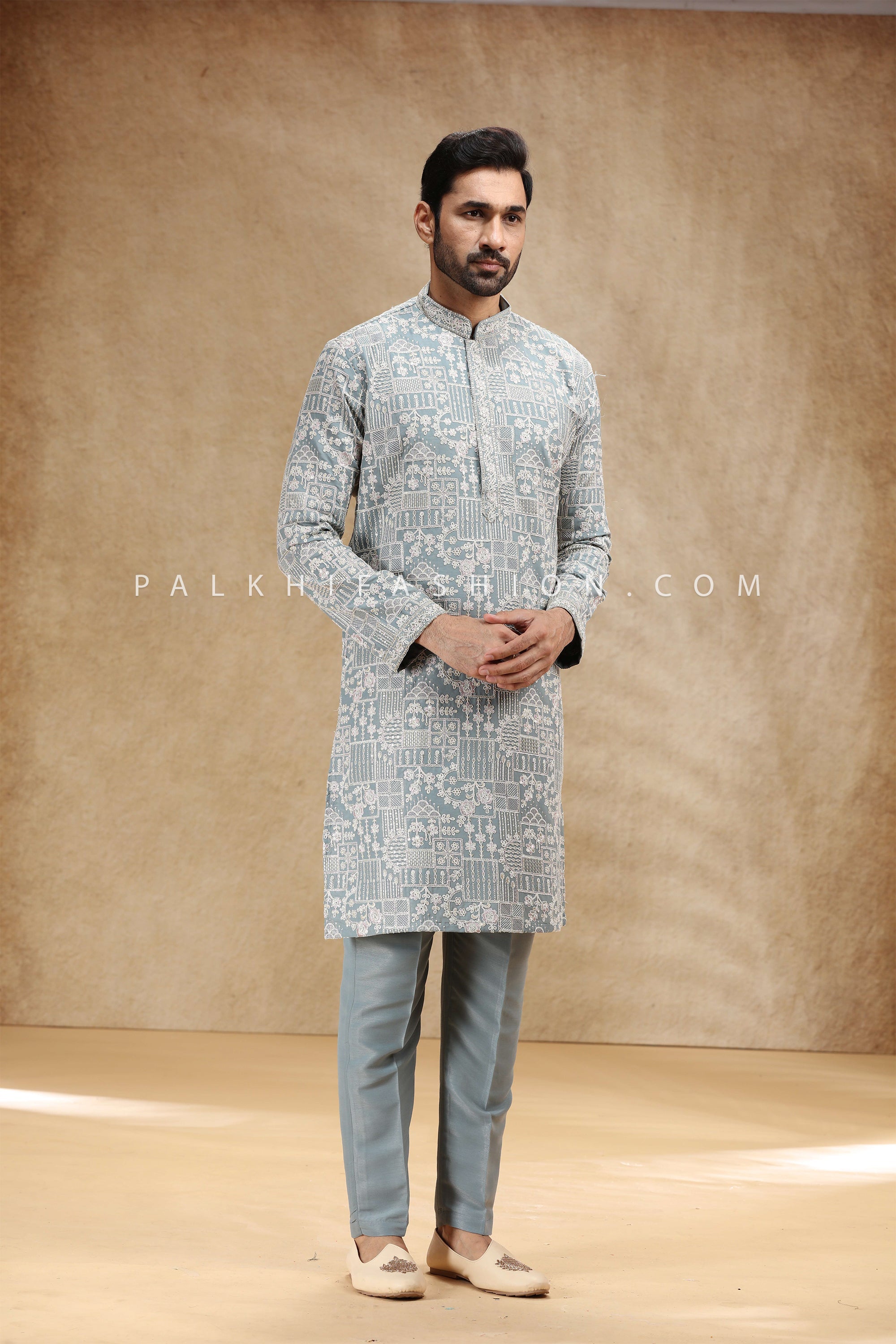Mughal Grid — Morning Blue Soft Silk Embroidered Kurta Set | Palkhi Fashion Houston