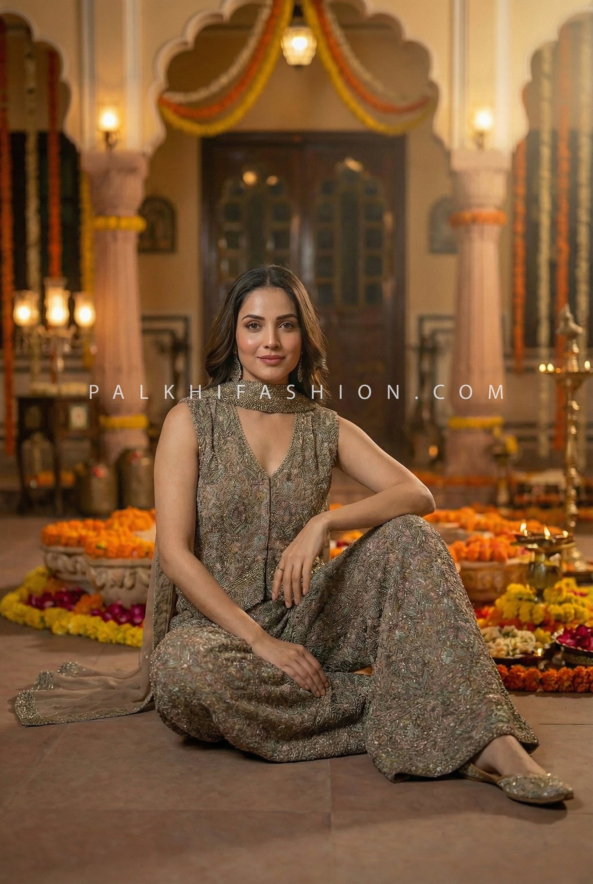 Mughal Reverie — Multicolor Kashmiri - Inspired Embroidered Designer Palazzo Outfit by Palkhi Fashion