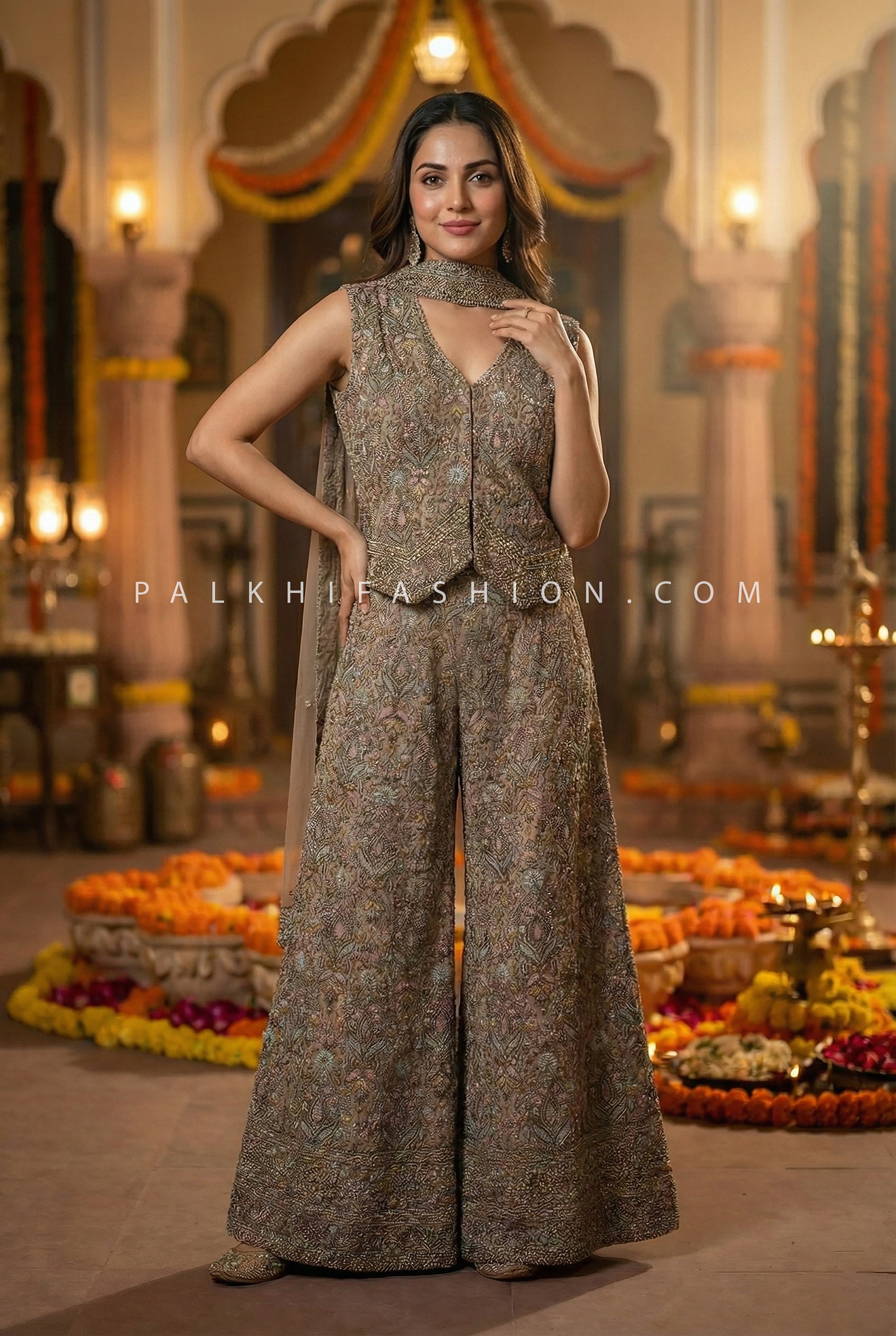 Mughal Reverie — Multicolor Kashmiri - Inspired Embroidered Designer Palazzo Outfit by Palkhi Fashion