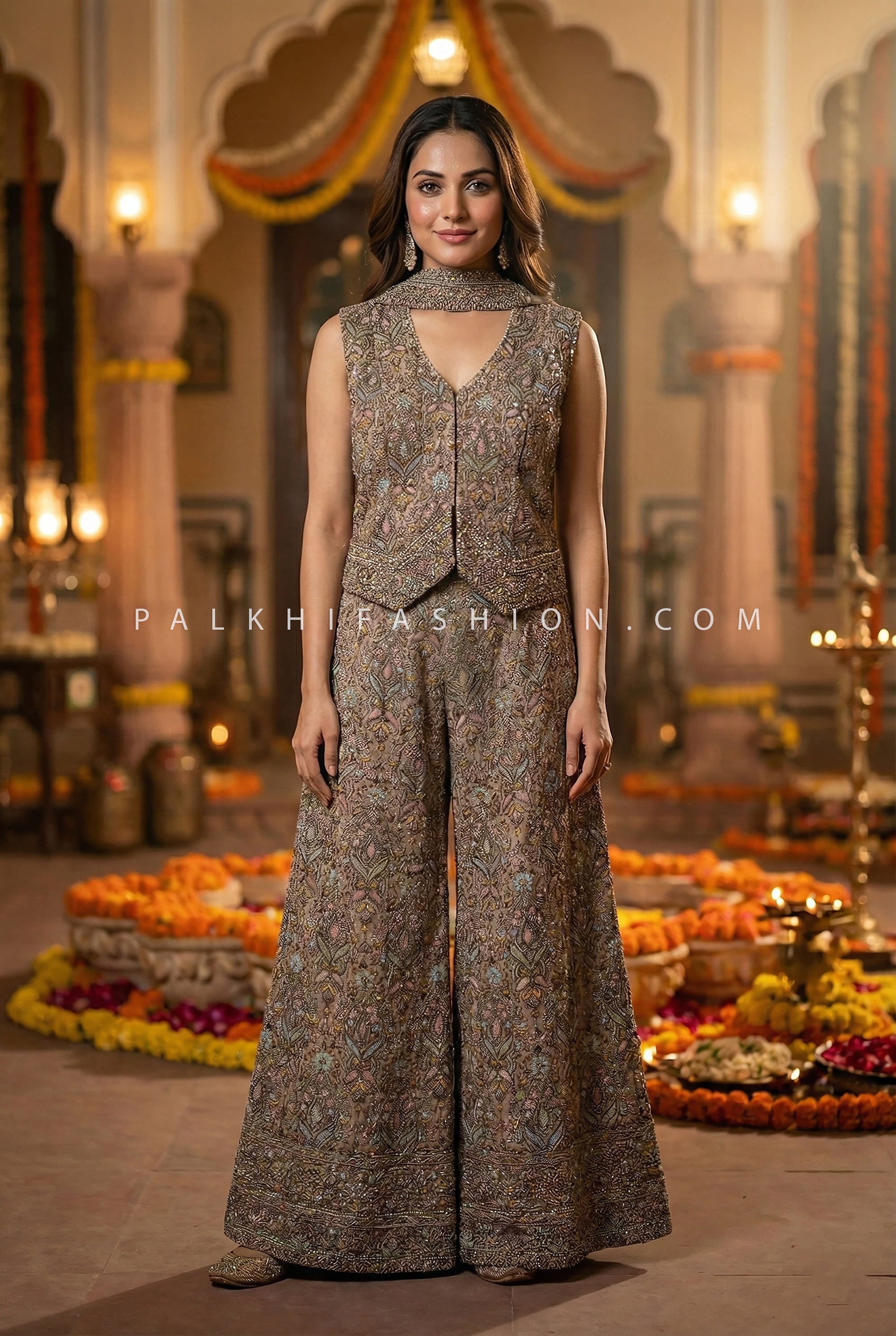 Mughal Reverie — Multicolor Kashmiri - Inspired Embroidered Designer Palazzo Outfit by Palkhi Fashion