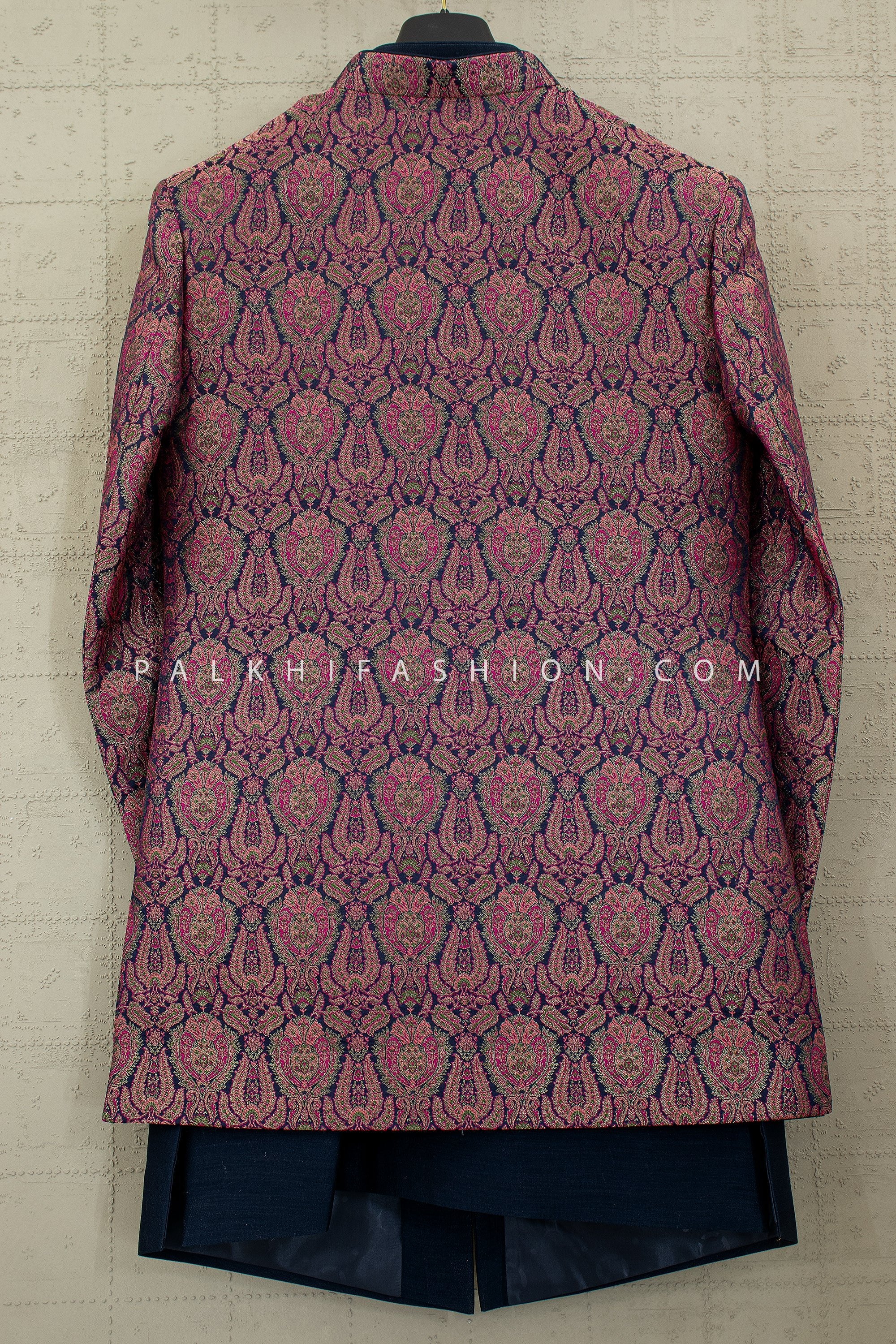 Mulberry Royale: Wine Jacquard Indo Western with Navy Accents – Palkhi Fashion