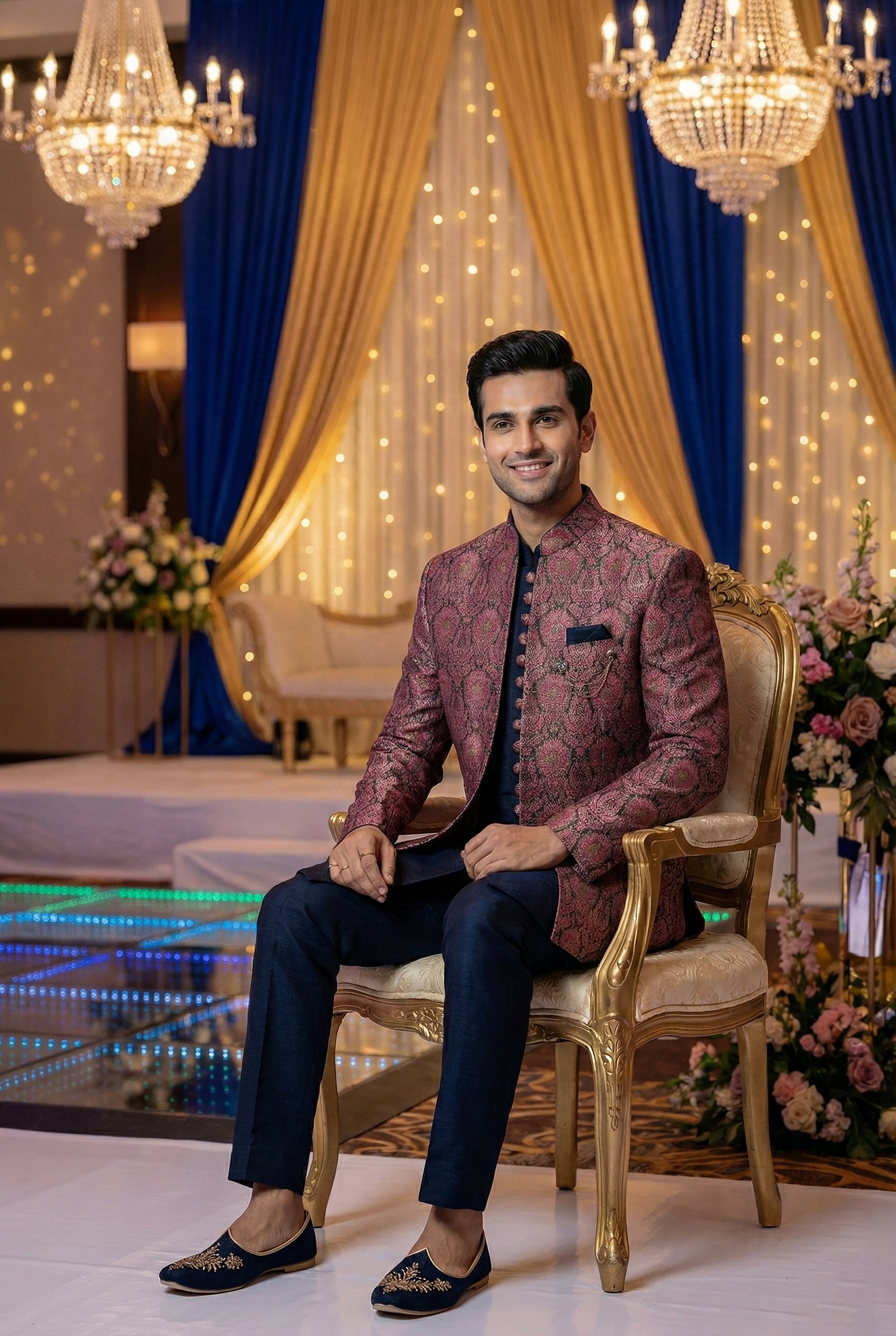 Mulberry Royale: Wine Jacquard Indo Western with Navy Accents – Palkhi Fashion