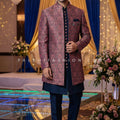 Mulberry Royale: Wine Jacquard Indo Western with Navy Accents – Palkhi Fashion