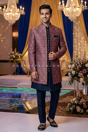 Mulberry Royale: Wine Jacquard Indo Western with Navy Accents – Palkhi Fashion