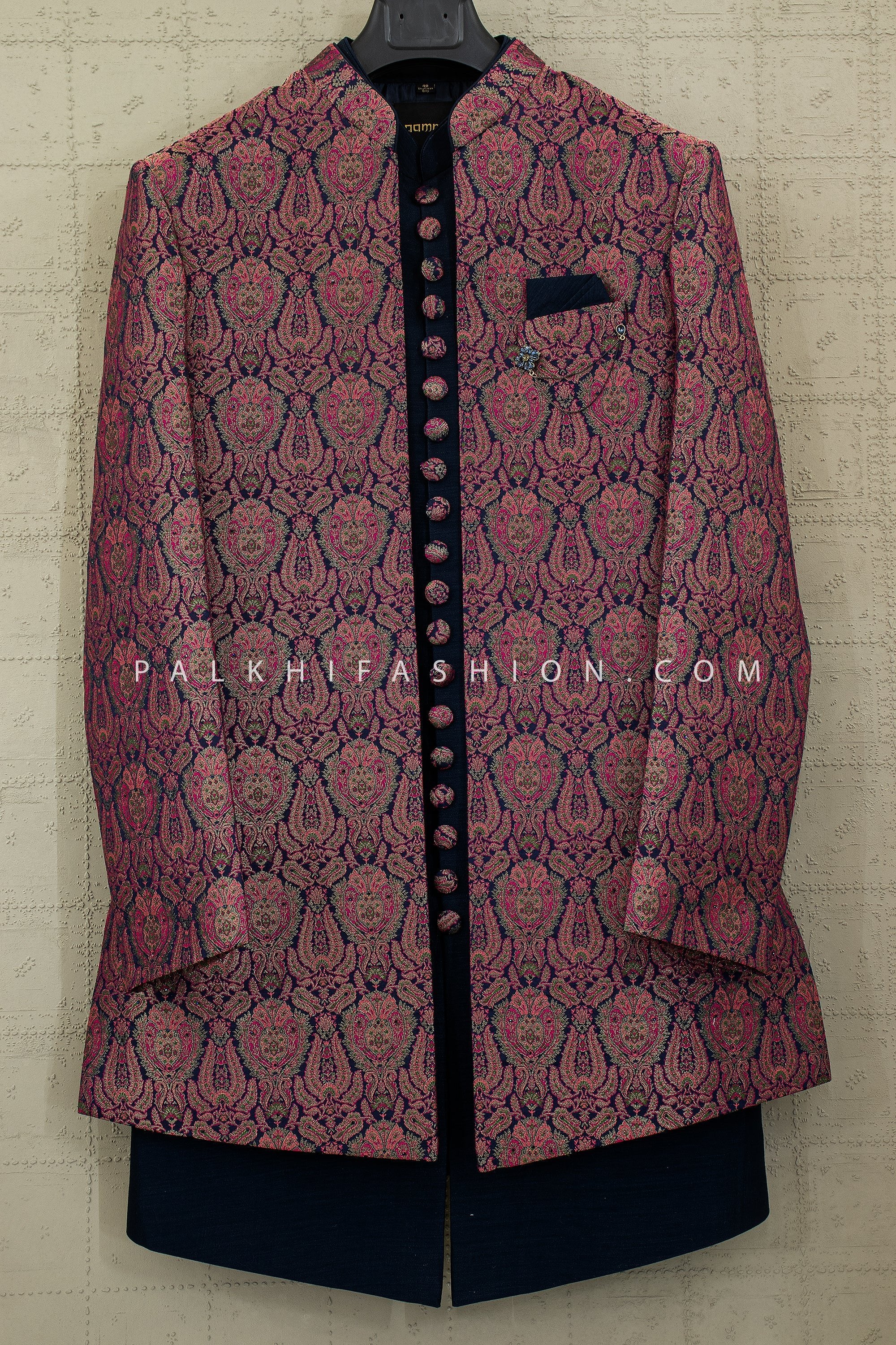 Mulberry Royale: Wine Jacquard Indo Western with Navy Accents – Palkhi Fashion