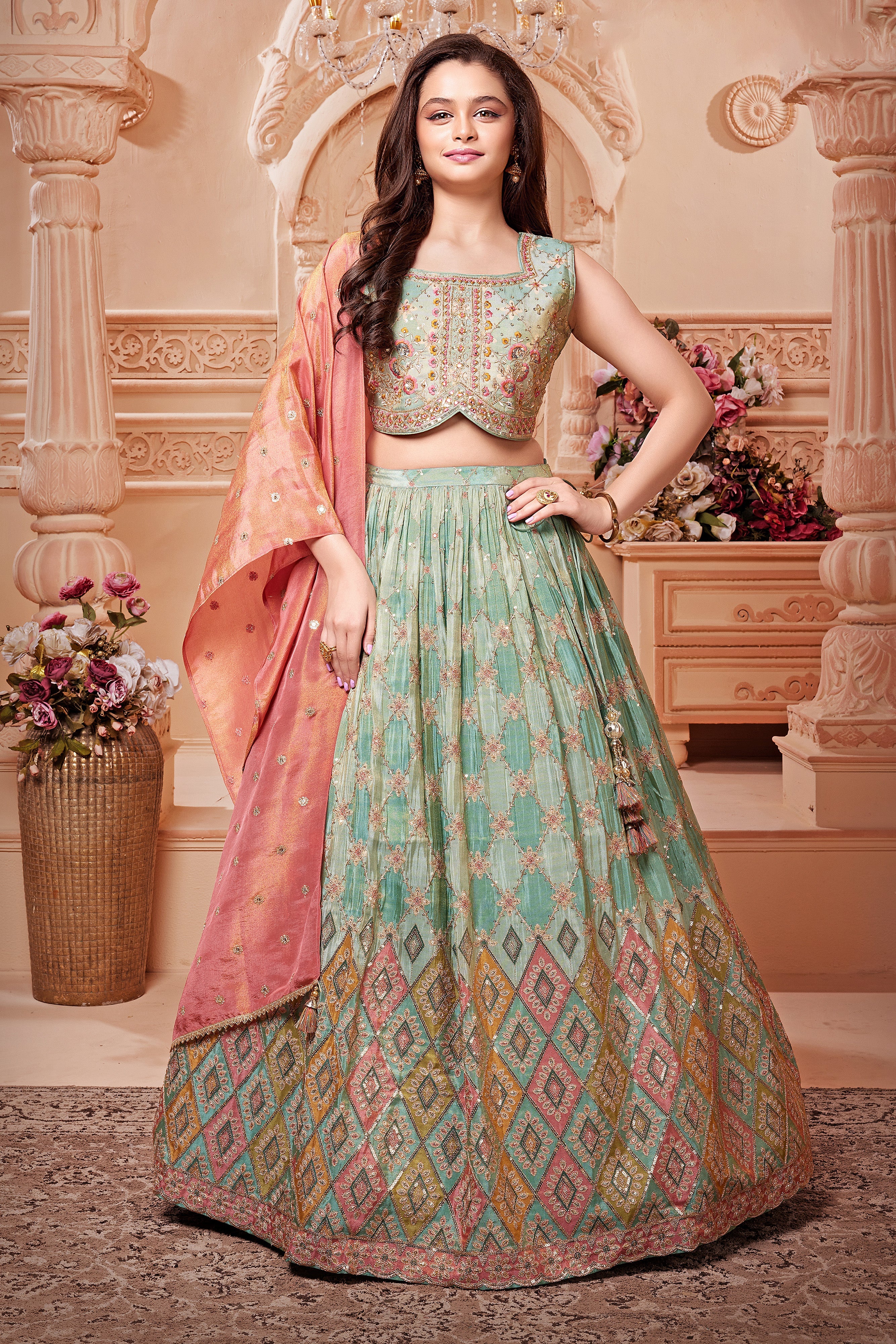 ✨ Multi Melody: Girls’ Silk Lehenga Choli with Handwork Blouse & Dupatta