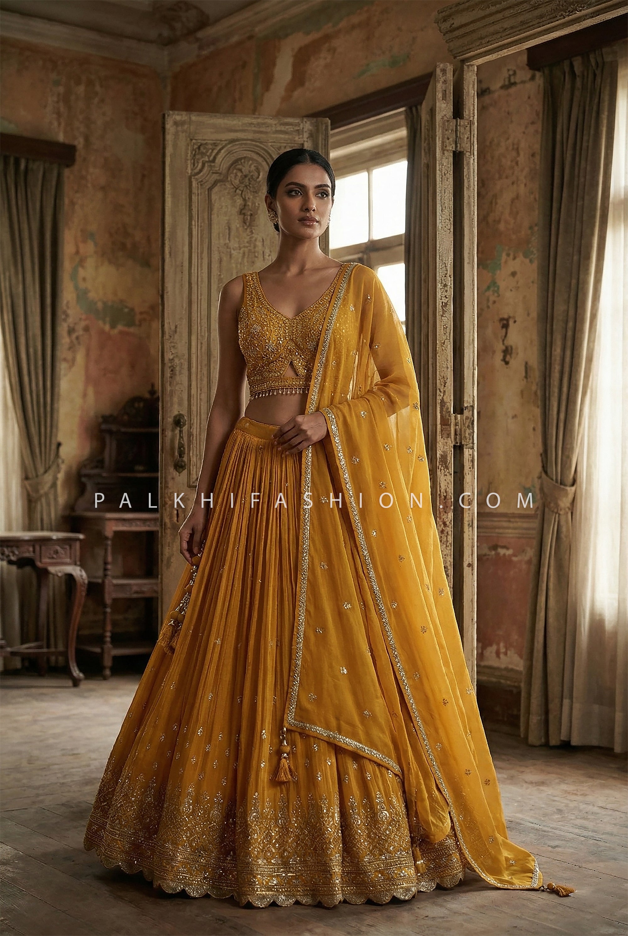 Mustard Yellow Chinon Silk Designer Lehenga With Handwork Blouse– Palkhi Fashion