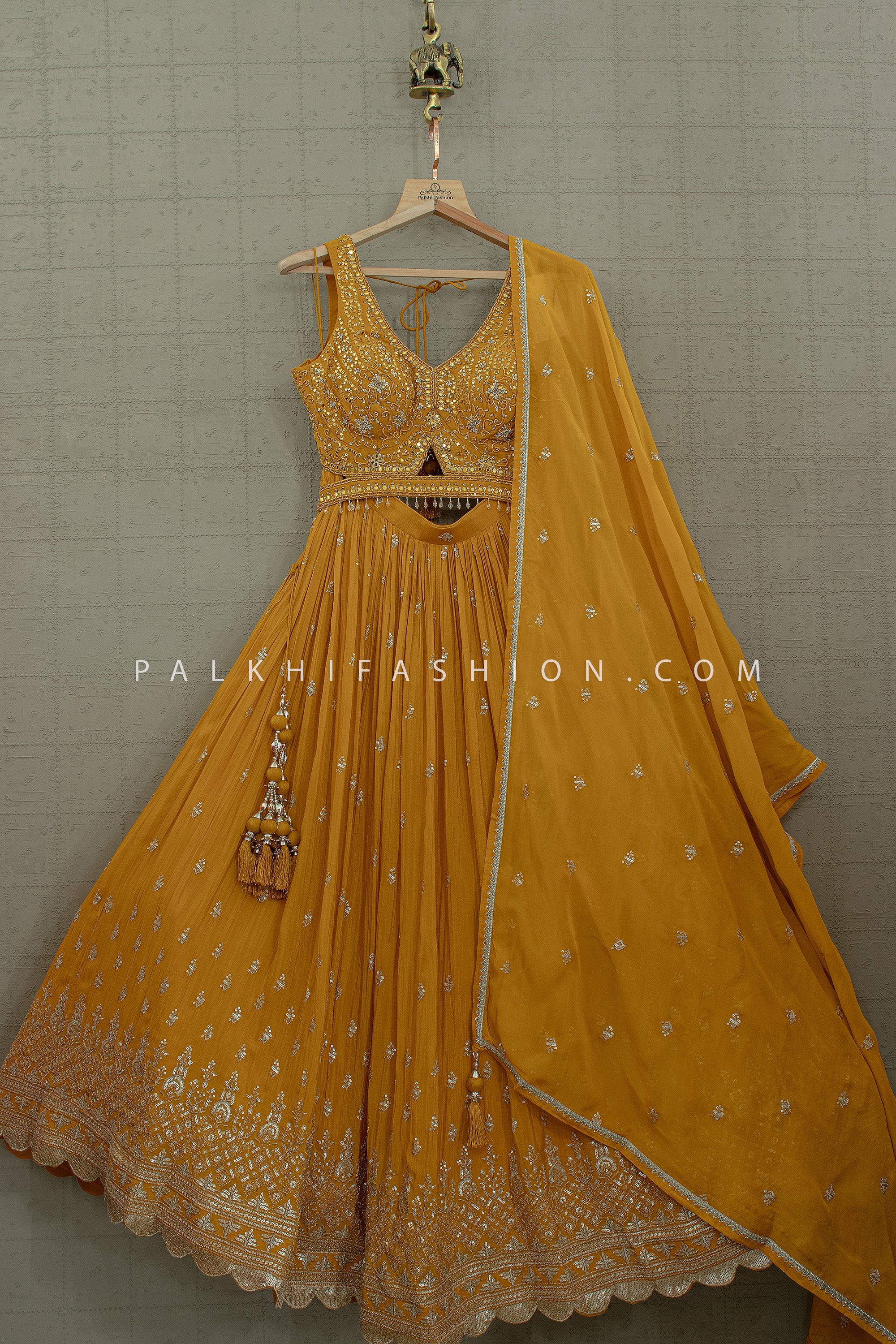 Mustard Yellow Chinon Silk Designer Lehenga With Handwork Blouse– Palkhi Fashion