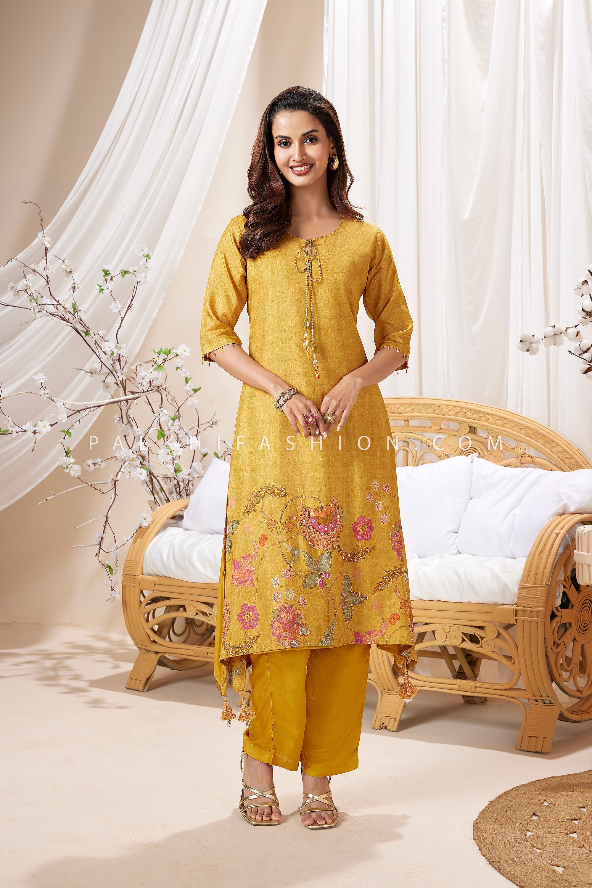 Mustard Yellow Silk - Blend Kurta Pant Set with Floral Handwork – Palkhi Fashion USA
