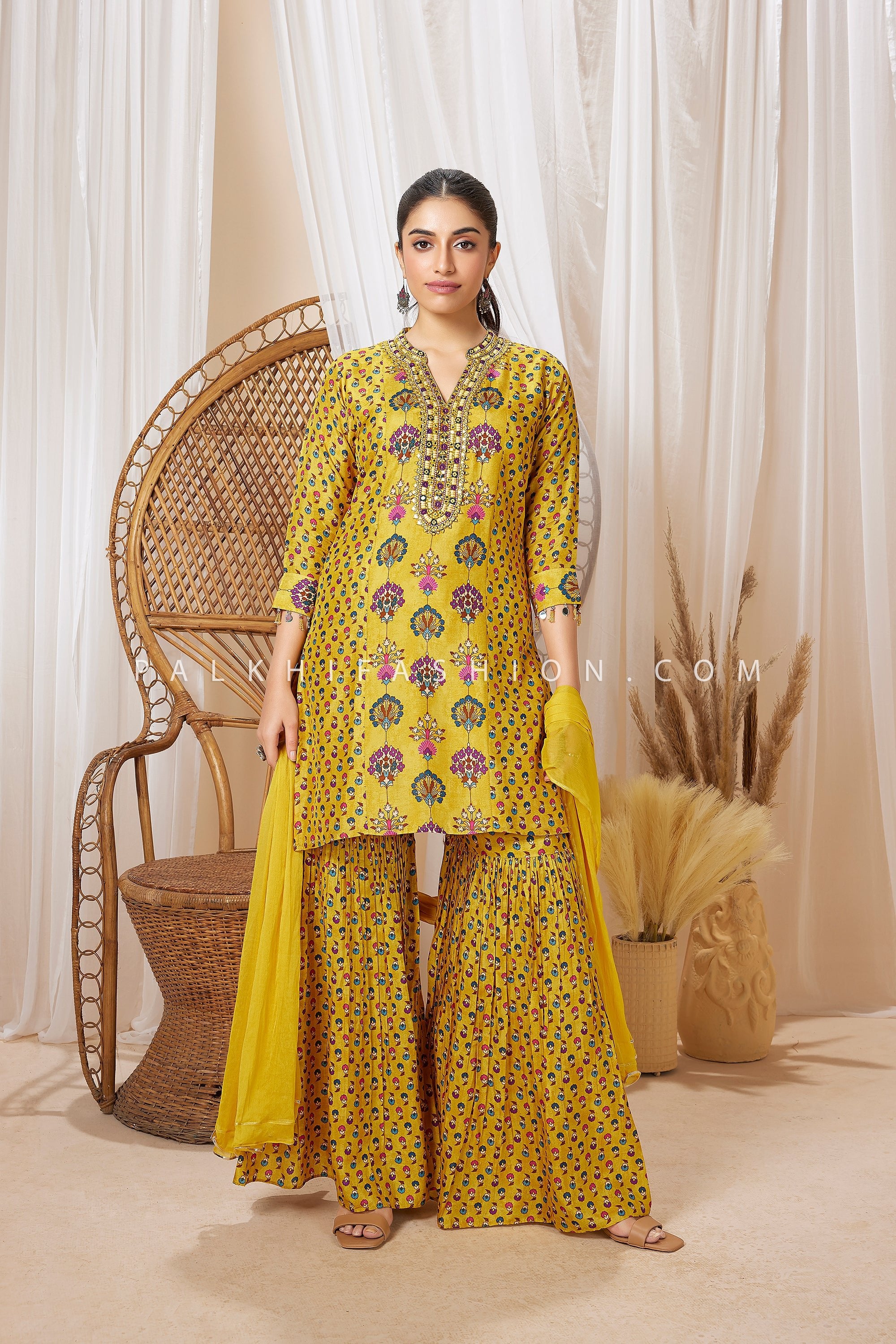 Mustard Yellow Soft Cotton Silk Printed Kurta Sharara Set – Palkhi Fashion