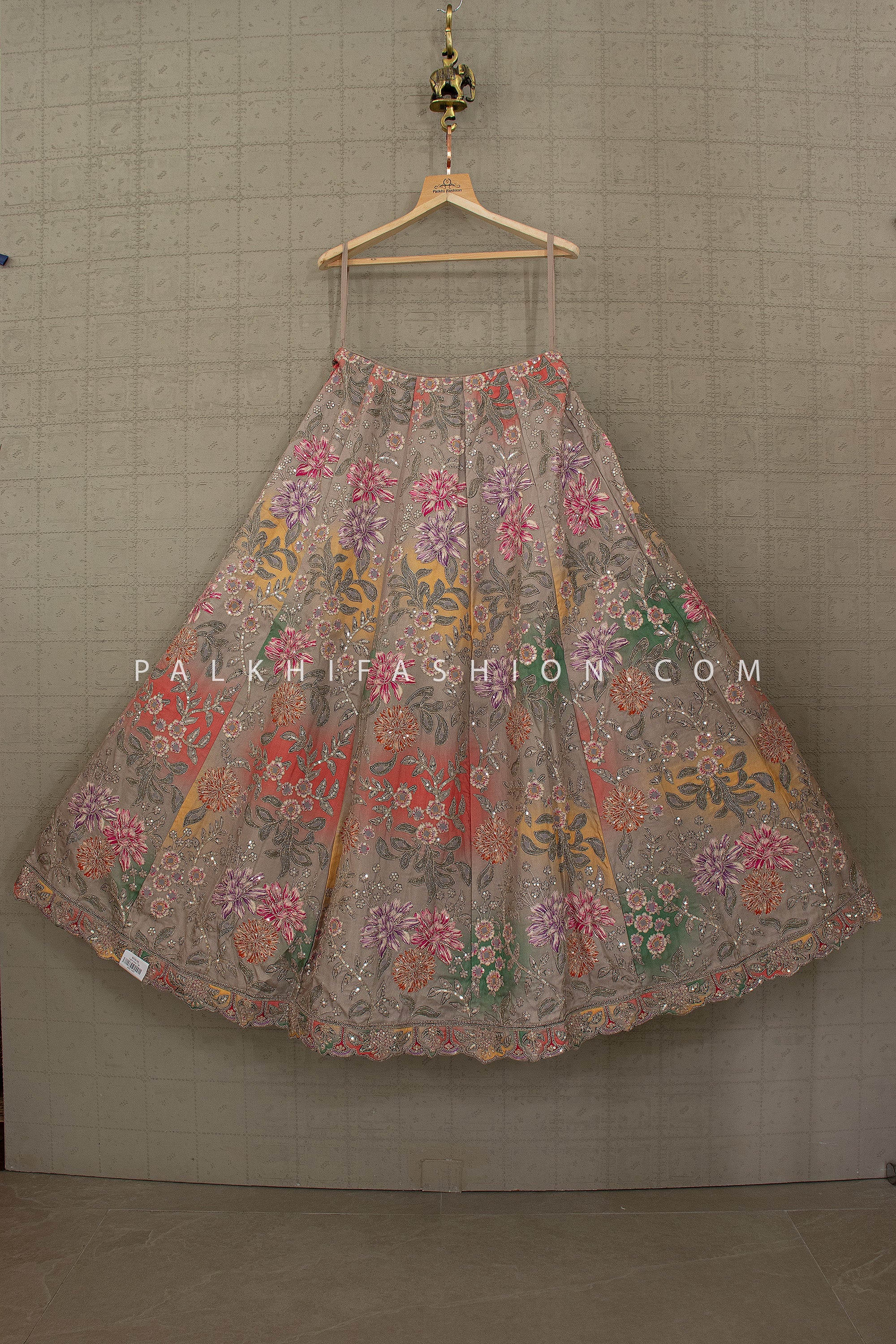 Muted Royale — Taupe Grey Floral Embroidered Designer Lehenga Choli | Palkhi Fashion