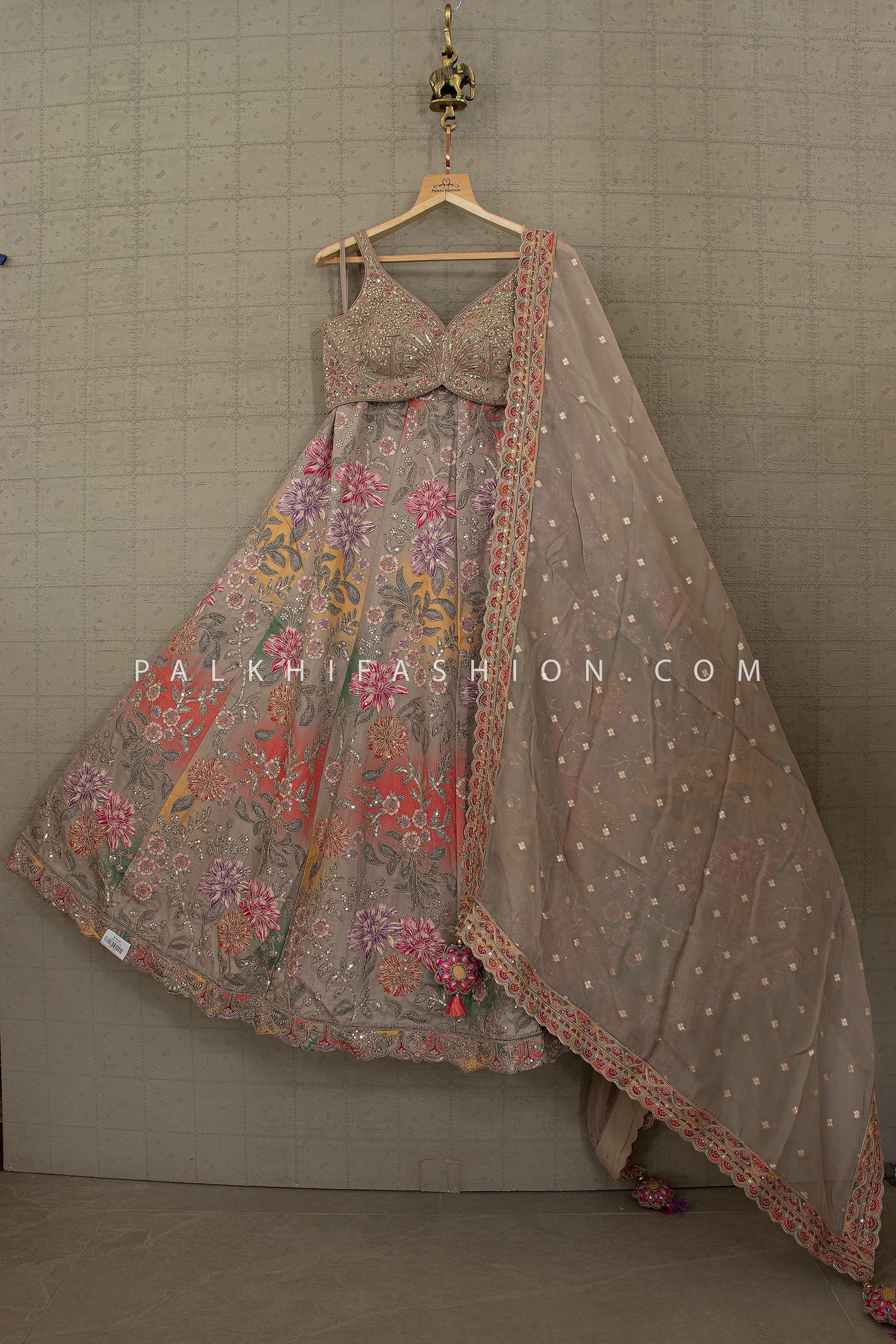 Muted Royale — Taupe Grey Floral Embroidered Designer Lehenga Choli | Palkhi Fashion
