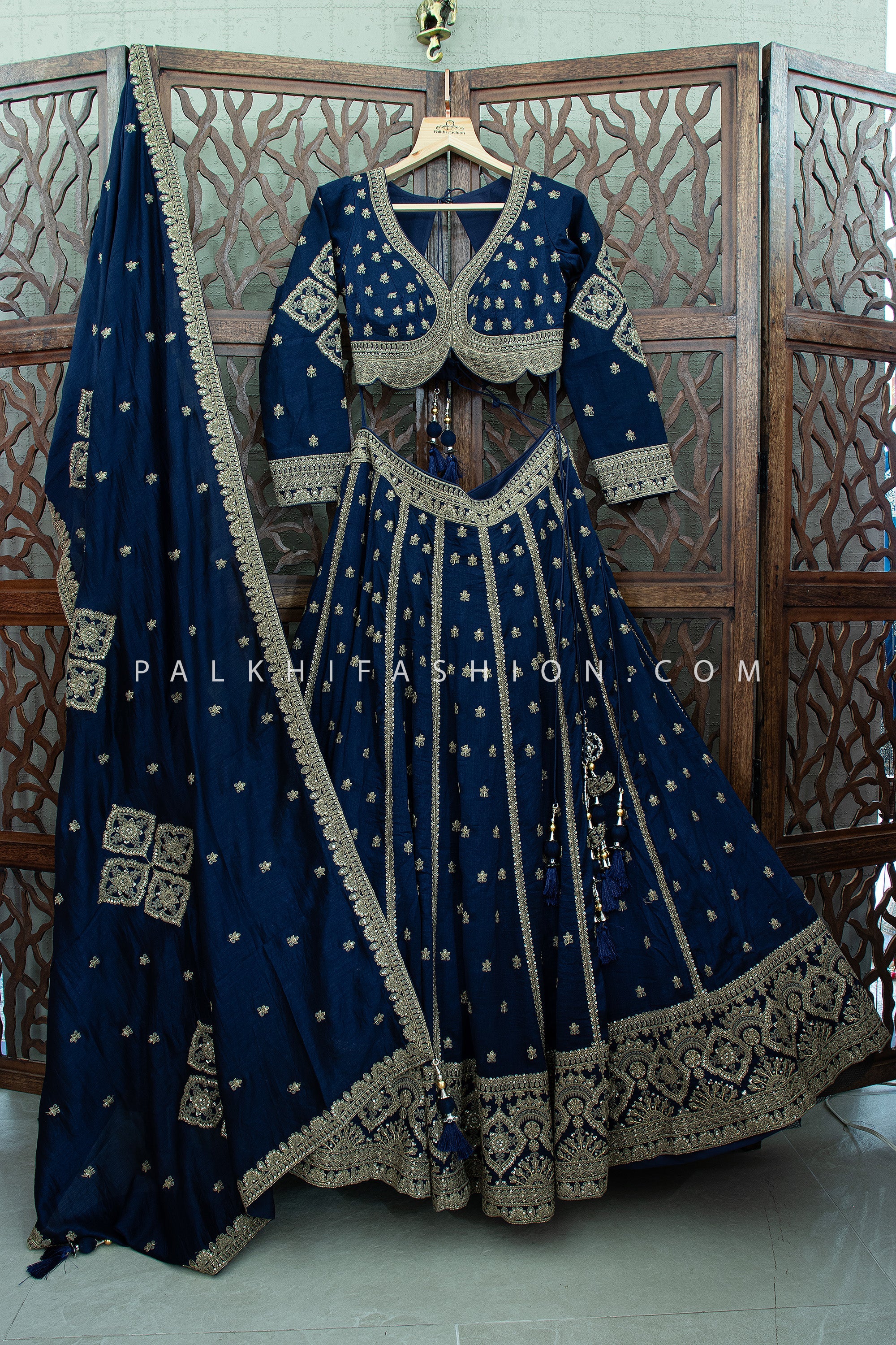 Navy Blue Bridesmaid Lehenga with Antique Zari Embroidery | Palkhi Fashion