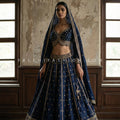 Navy Blue Bridesmaid Lehenga with Antique Zari Embroidery | Palkhi Fashion