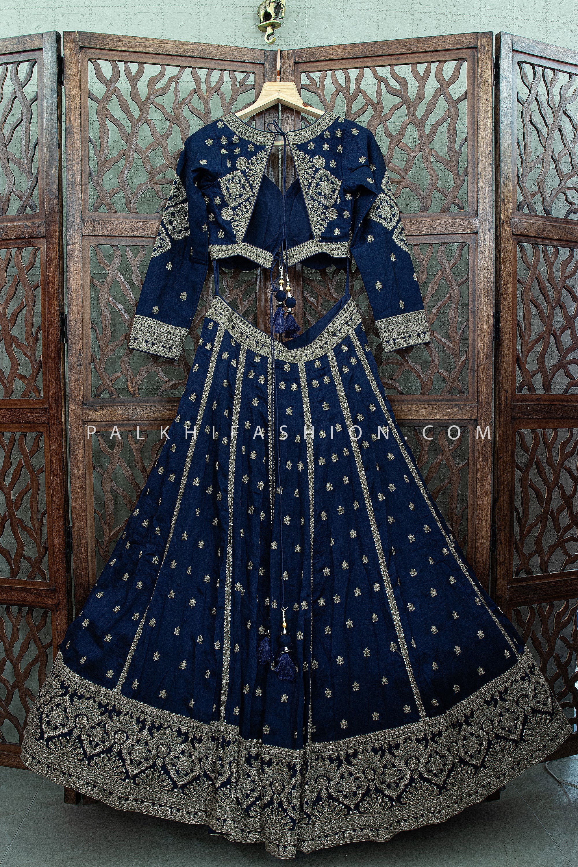 Navy Blue Bridesmaid Lehenga with Antique Zari Embroidery | Palkhi Fashion